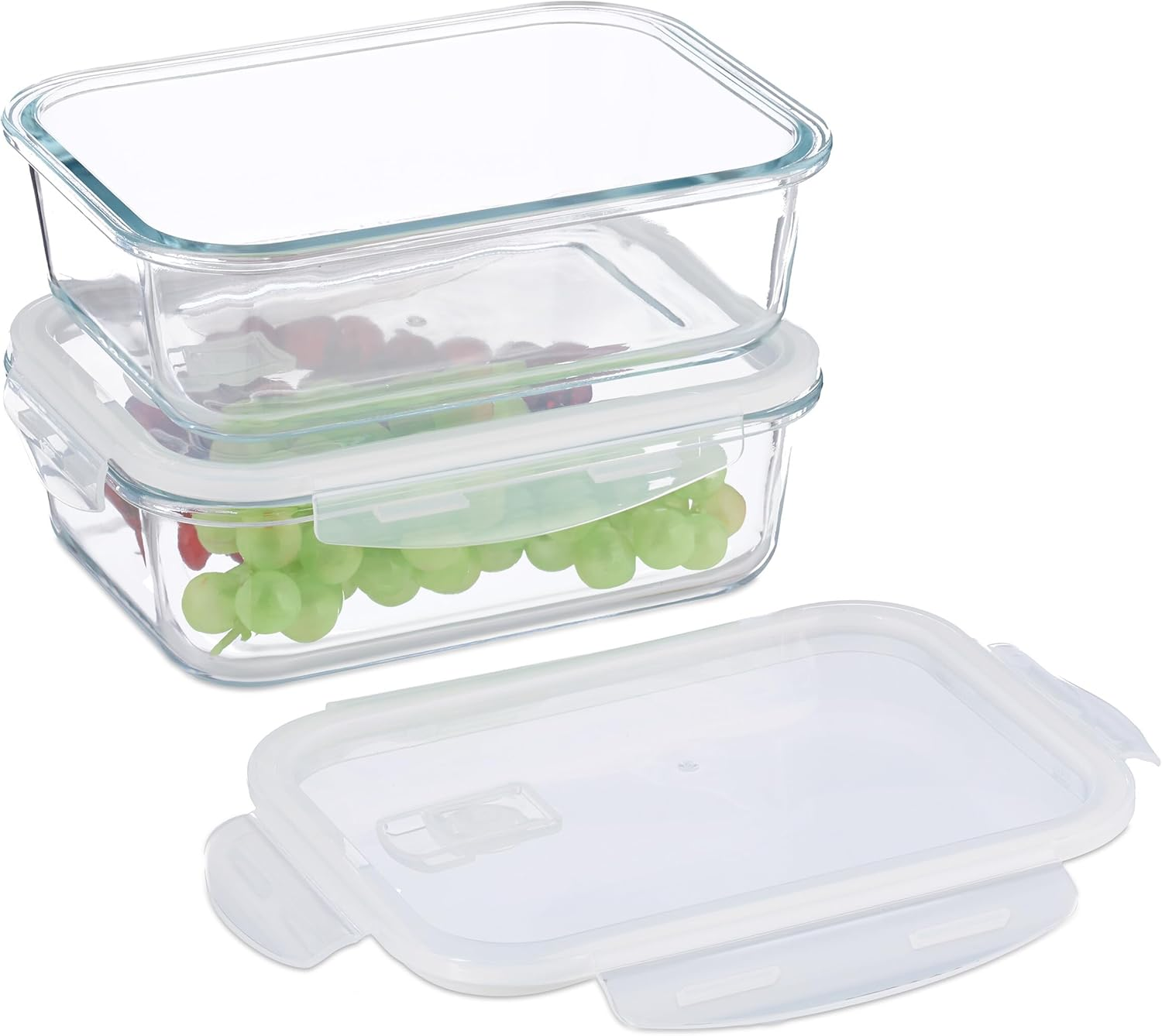 Relaxdays Glass Containers, Set of 2, 1520 Ml, Meal Prep, Food Storage Boxes, Plastic Lid Airtight, Transparent, Silicone