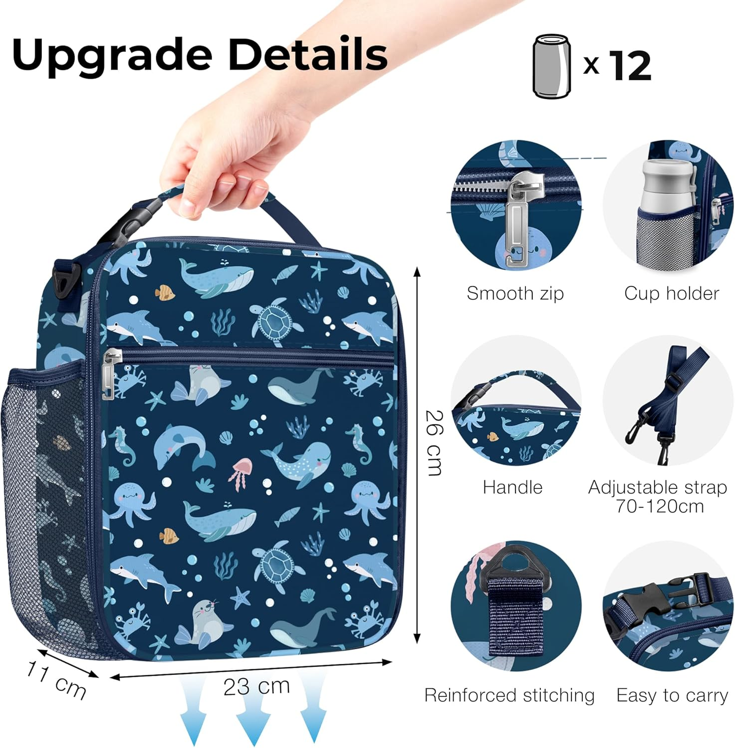 Clastyle Blue Sea Animals Insulated Lunch Bag for Kids, Portable Large Thermal Cooler Lunch Bag for Boys, School Lunch Box Bag with Bottle Holder image number 2