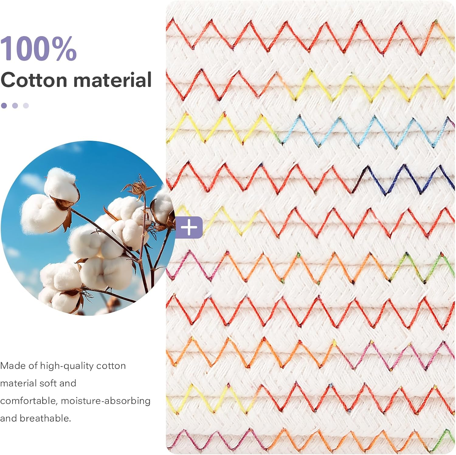 Storage Basket Set of 5 - Cotton Rope Baskets with Leather Handles - Small Woven Basket for Organizing, Nursery, Bathroom Shelves or Bedroom Decor (Rainbow)