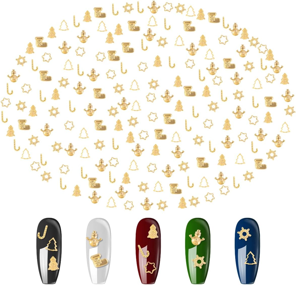 Christmas Nail Charms, 300 PCS 3D Gold Snowflake Xmas Tree Star Christmas Nail Jewelry Charms for Home DIY Art Craft (6 Style)