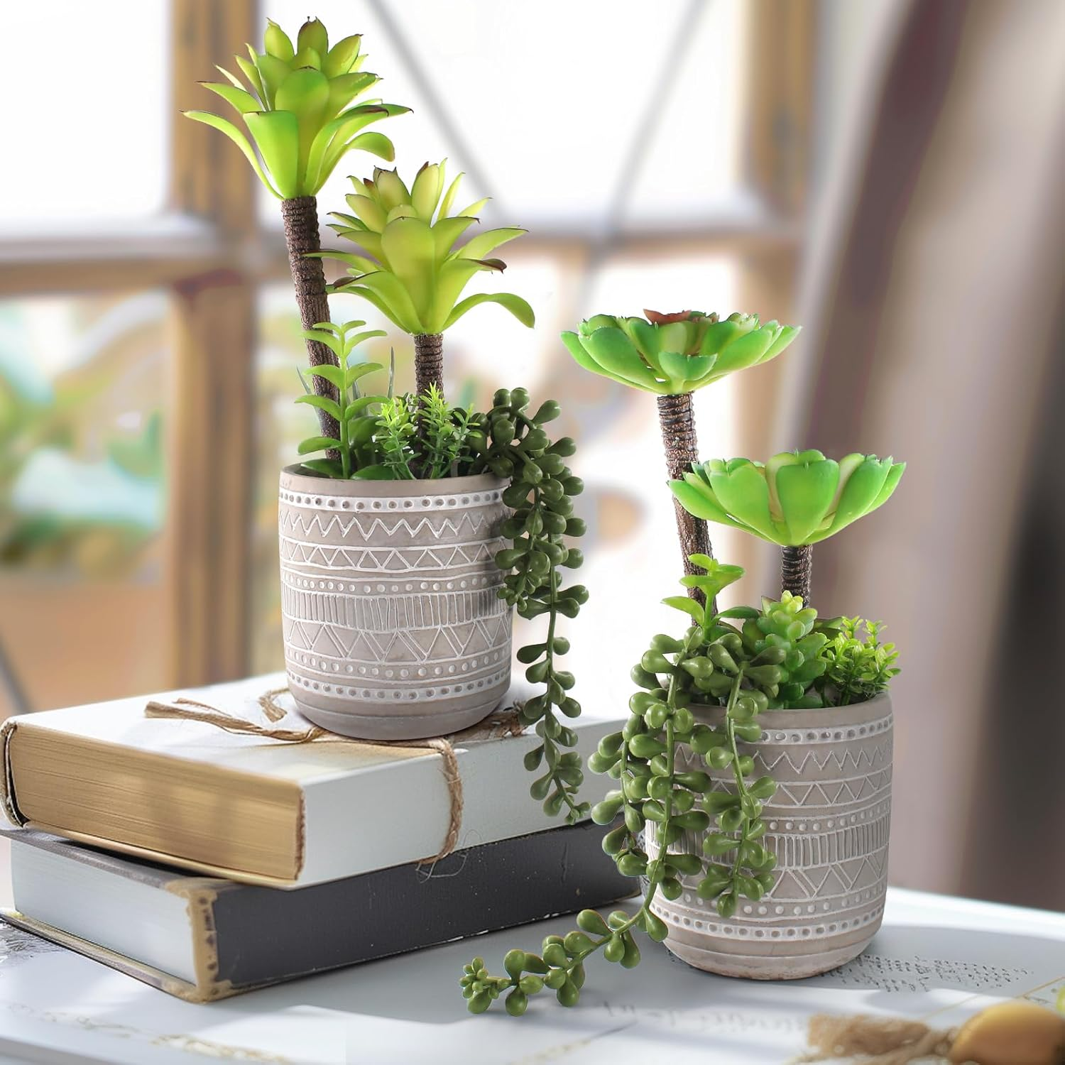 Artificial Succulents 11.8 Inch Fake Plants Premium Realistic Textured Faux Succulents Aloe String of Pearls Potted Ceramic Plant for Home Decor image number 3