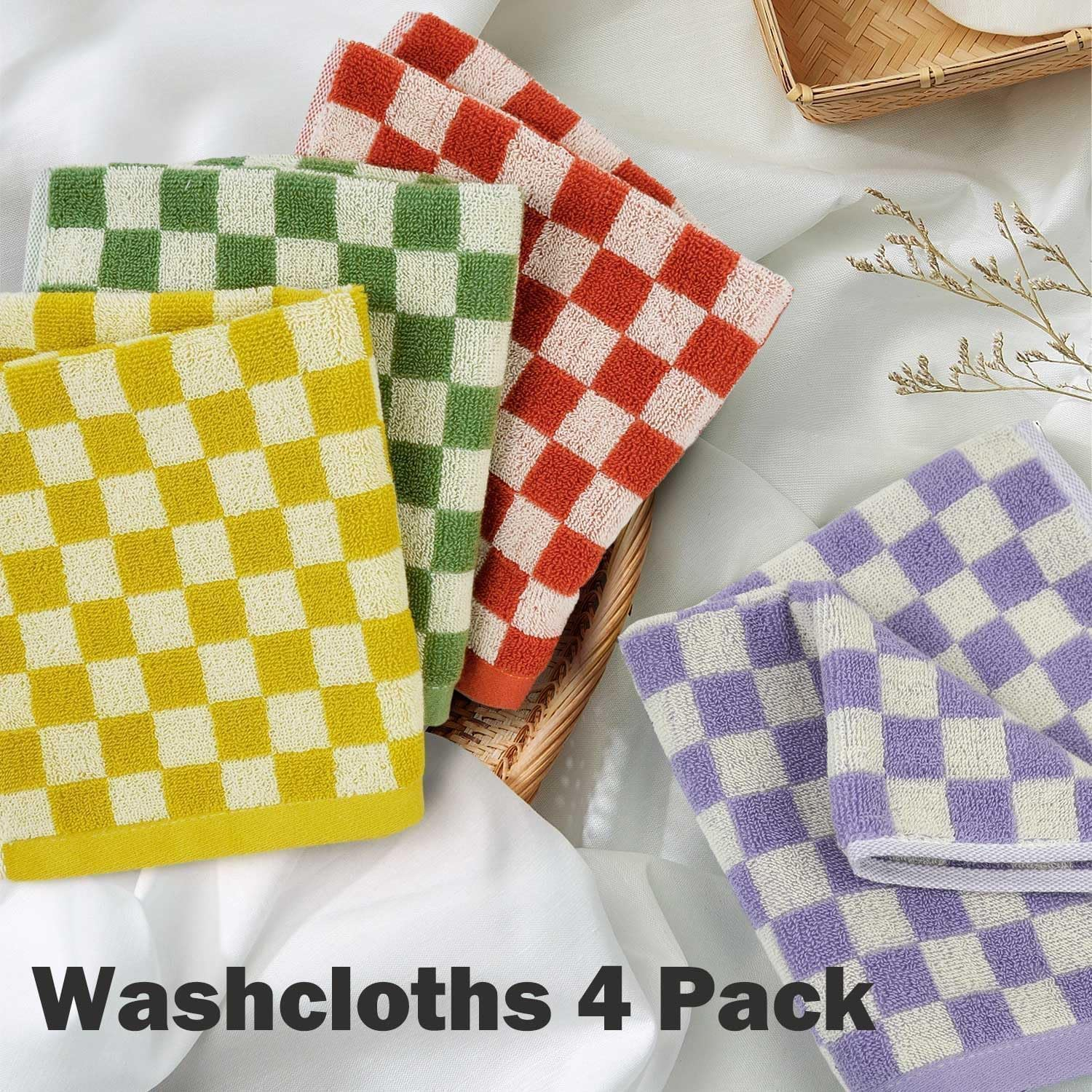 Cotton Wash Cloths Checkered 4 Pack 4 Colors - Bathroom Washcloths for Face Body, 13 X 13 Inches Daily Cleansing Towels image number 5