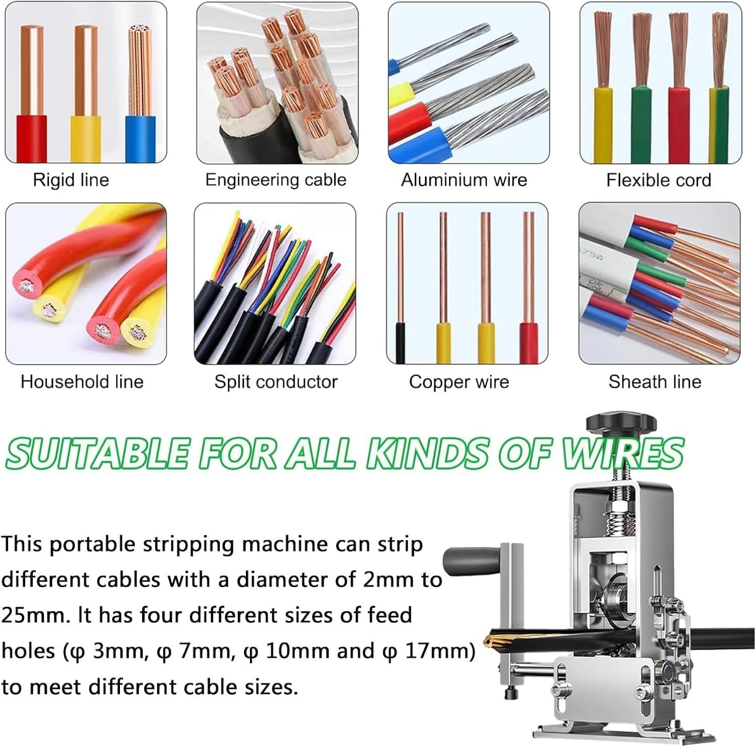 Copper Wire Stripper, Manual/Automatic Electric Wire Stripping Machine with Four Inlet Holes 3MM, 7MM, 10MM, 17MM, Cable Stripper Tool for 2-25Mm Cable image number 5