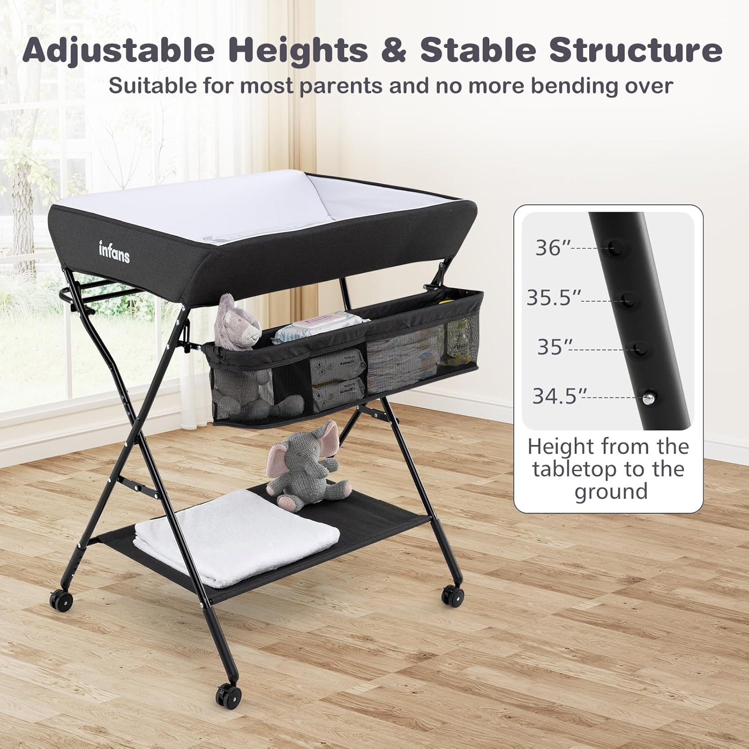 INFANS Baby Changing Table with Wheels, Portable Folding Diaper Station Nursery Organizer with Storage Basket, Hanging Rack, Adjustable Height, Safety Belt for Newborn Infant (Black) - Gray image number 6