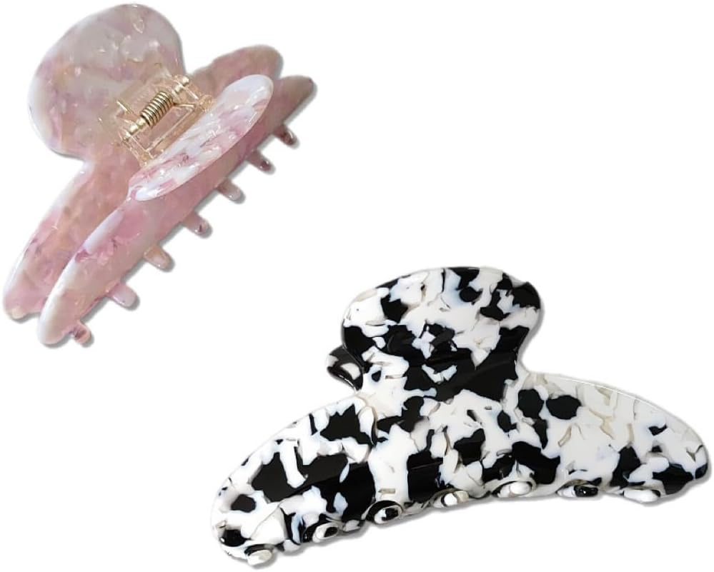 2PC Large Hair Claw Clip for Thick Hair - Marble, Opal Design (10Cm) (Pink-Purple Marble & Black-White Marble) image number 3