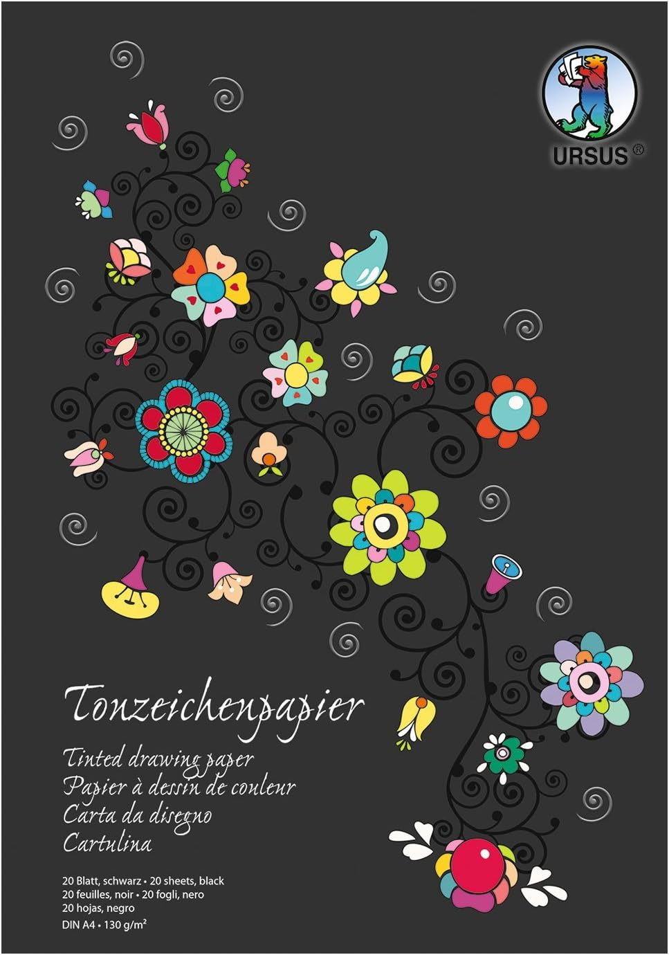 Ursus 2134690SE - Coloured Drawing Paper, Black, DIN A4, 130 G/M&sup2;, 20 Sheets of Fresh Cellulose, Wood and Chlorine-Free, Ideal Base for Creative Crafts