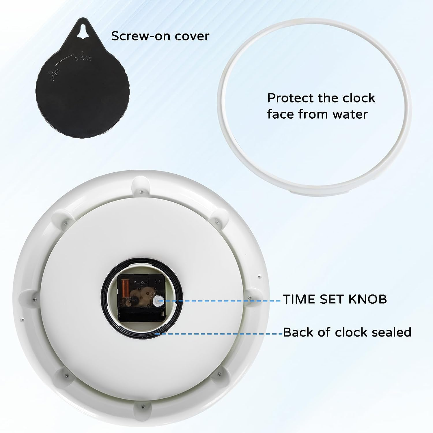 OCEST Sealed Waterproof Garden Wall Clock, 12 Inch Large Indoor Outdoor Clocks, Silent Non-Ticking Battery Operated Quartz round Decor for Patio,Bathroom, Pool, Lanai, Porch (Blue) image number 5