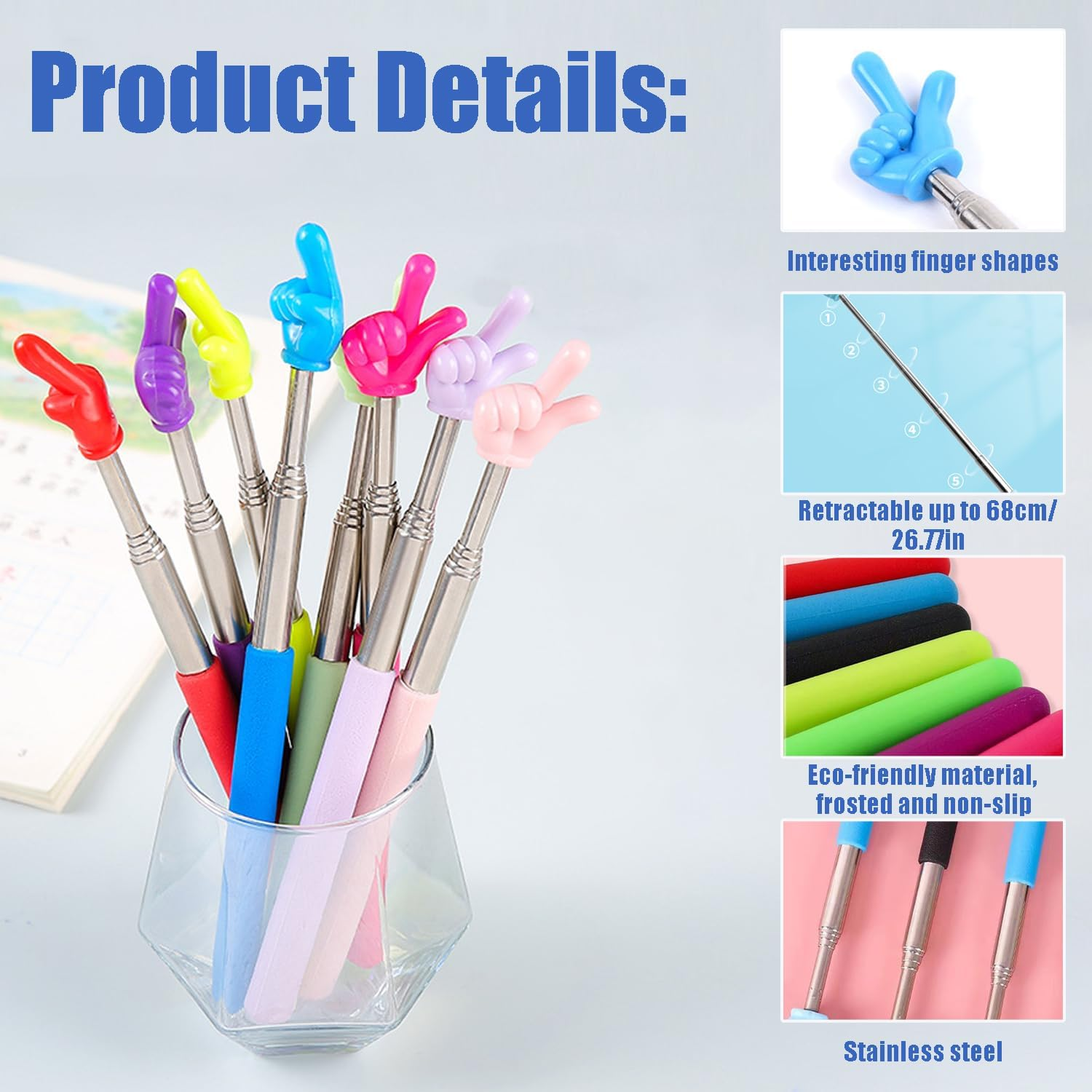 The Retractable Finger Reading Stick Adjusts the Teacher Pointer, Classroom Instruction, Educator Presentation Tools, Whiteboard Presentations, and Reading Aids (Red+Yellow+Blue+Green) image number 4
