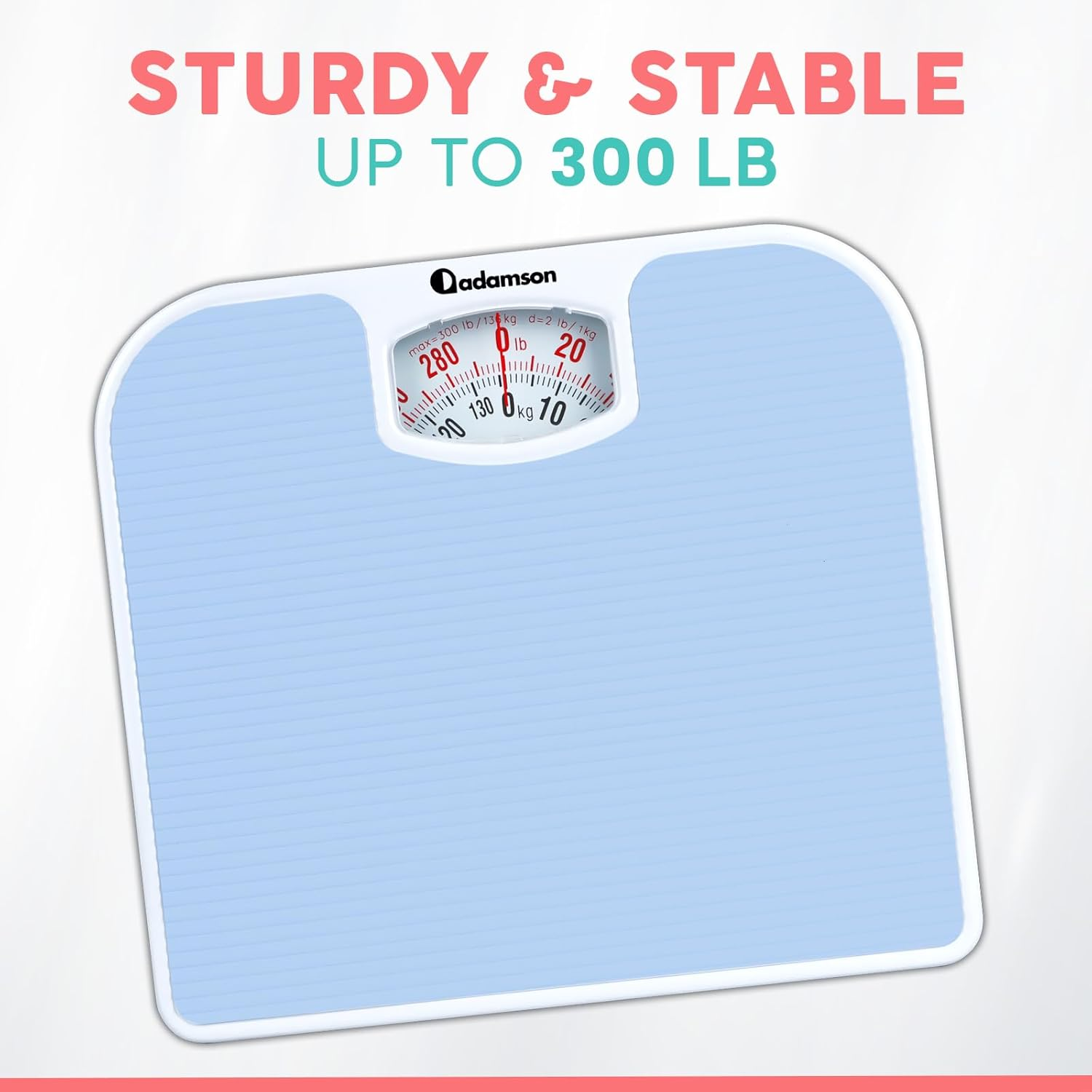 Adamson A21 Analog Scales for Body Weight - up to 300 LB - New Version - Anti-Skid Rubber Surface + Large Numbers - Analog Bathroom Scale - Affordable - Durable with 20-Year Assurance - Light Blue image number 6