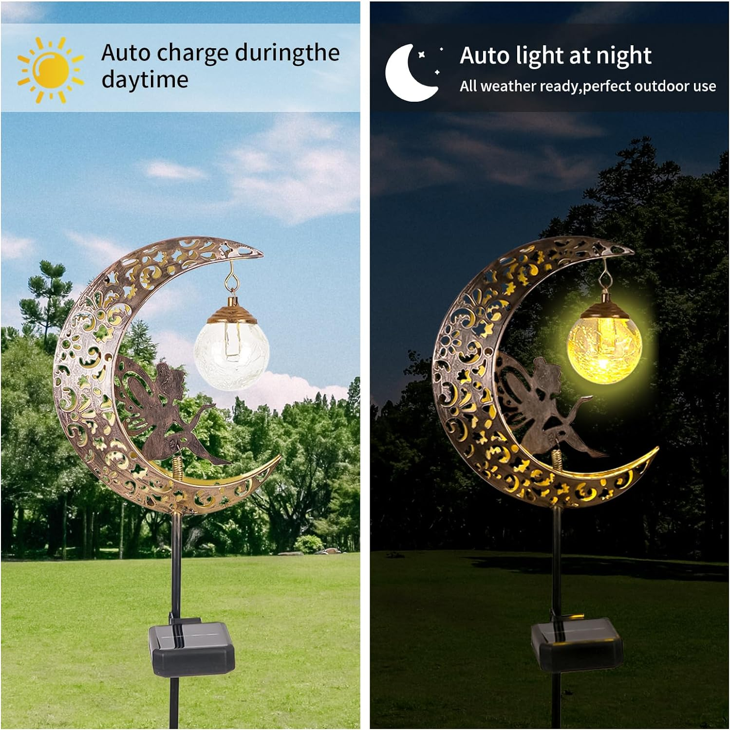Solar Lights Outdoor Garden Decor LED Moon Fairy Crackle Glass Lights Waterproof Metal Stake Ornament for Patio Lawn Yard outside Decorations- Unique Gift Ideas for Gardening (Warm White)