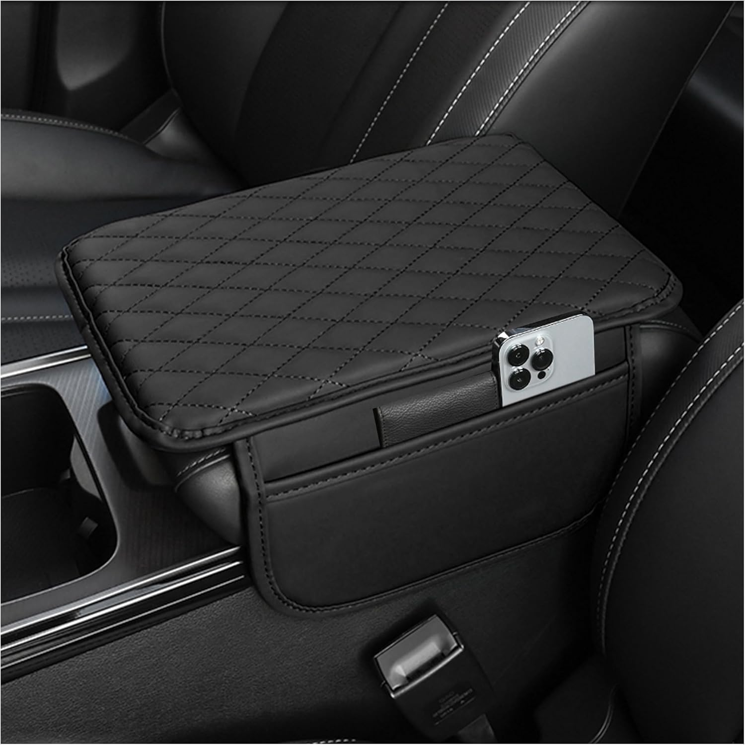 Thickened Upgraded Car Center Console Armrest Cover, Microfiber Leather Armrest Cushion with 2 Storage Pockets, Interior Accessory Fit for Most Vehicles(Black)