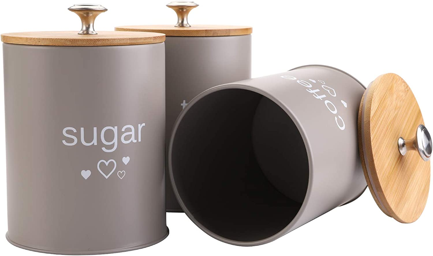 Fasmov Set of 3 Kitchen Canister Set, Coffee, Sugar, and Tea Storage Container Jars with Bamboo Lids for Storing Sugar, Coffee and Tea, Gray image number 2