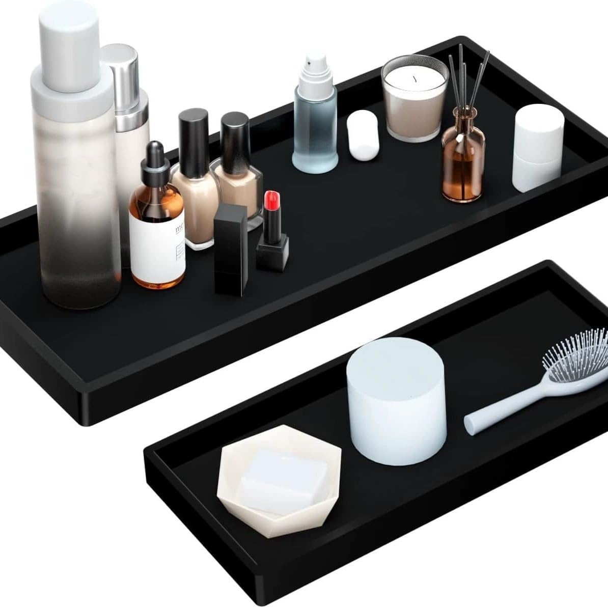 2Pcs Silicone Vanity Tray for Counter,Bathroom Tray, Resin Soap Dispenser Tray Kitchen Sink Tray,Small Marble Tray for Bathroom Countertop Organizer for Jewelry,Cosmetics,Perfumes & Shampoo (Black) image number 1