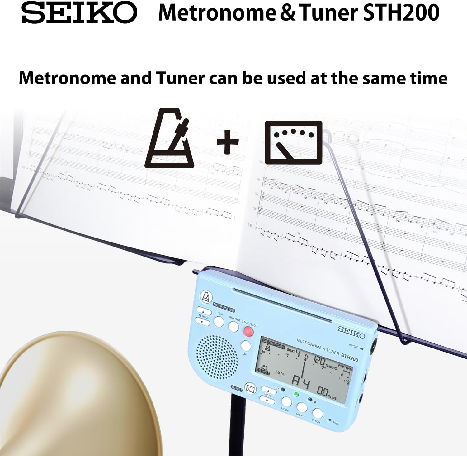 Seiko STH200BL Metronome Tuner, Loud Volume, Can Be Attached to Music Stands, Perfect for Brass Band, Blue