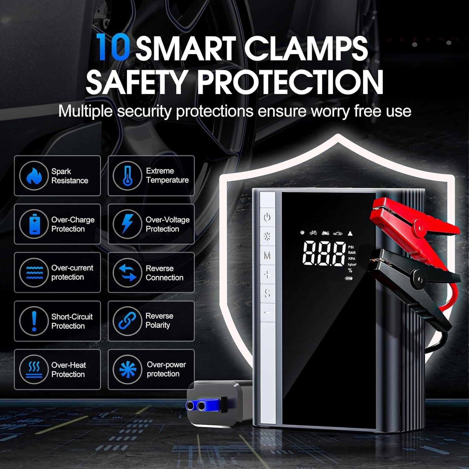 Car Jump Starter with Air Compressor, 10000Mah Battery Pack Jump Starter 1500A Peak for up to 7.0L Gas and 5.5L Diesel Engine, 12V Battery Booster Jump Box with LED Display/Flashlight/Jumper Cable/Usb image number 4