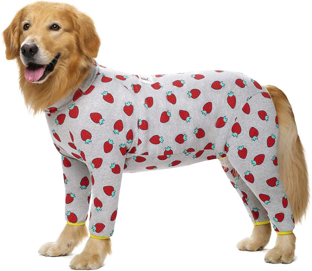 Miaododo Cotton Large Dog Pajamas Strawberry Printing,Full Belly Coverage Dog PJS for Medium Large Dogs after Surgery,Big Dog Clothes Holiday (32(Chest 32.28'',Back Length 21.65''), Pink Strawberry) image number 6