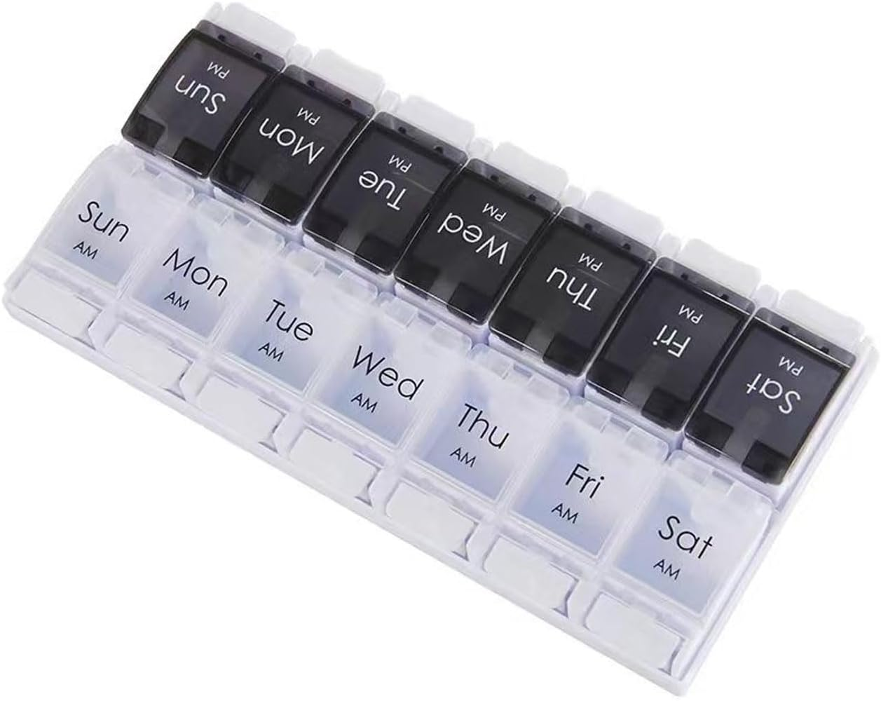 7-Day Pill Organizer (Black/White) | AM/PM Weekly Pill Case with Removable Trays & Push-Button Design | Bpa-Free, Large Capacity for Fish Oil, Vitamins, Supplements | Travel-Friendly Medication Box (14 Compartments)