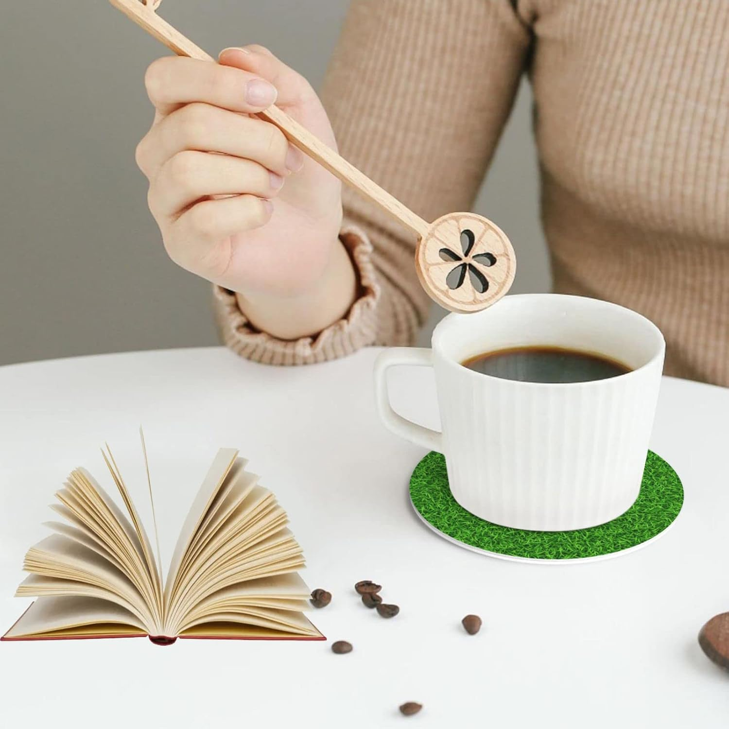 Coasters for Drinks Set of 6, Green Grass Drink Coasters for Coffee Table, Cute Farmhouse Leather Coaster for Cup Kitchen Bar Home Decor Housewarming Gift image number 3