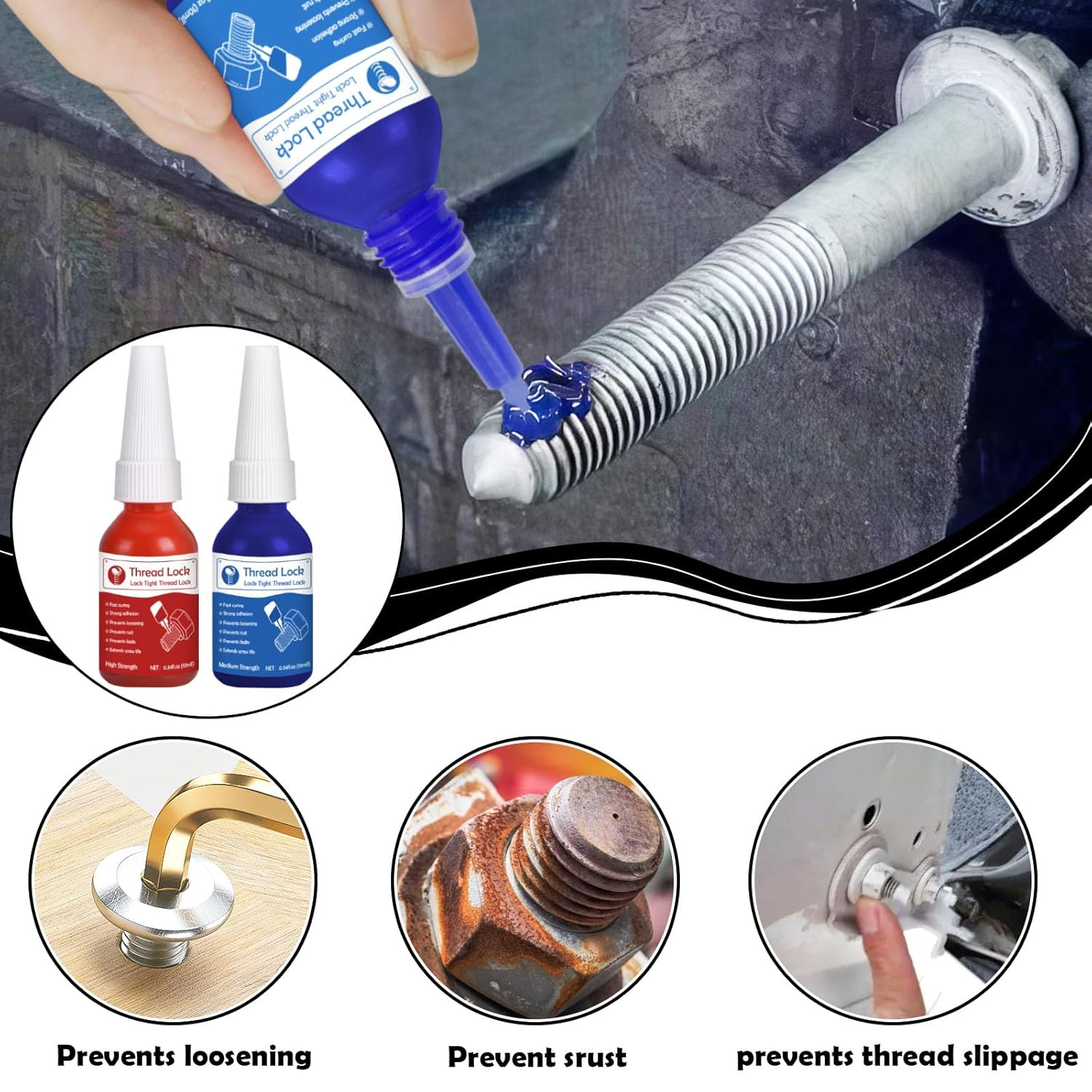 Thread Lock High Strength+Medium Strength, 2 X 10Ml Locktight Threadlock Prevent Nuts, Bolts, Fasteners and Screws from Loosening Due to Prolonged Vibration,Thus Locking and Sealing Nuts and Bolts image number 4