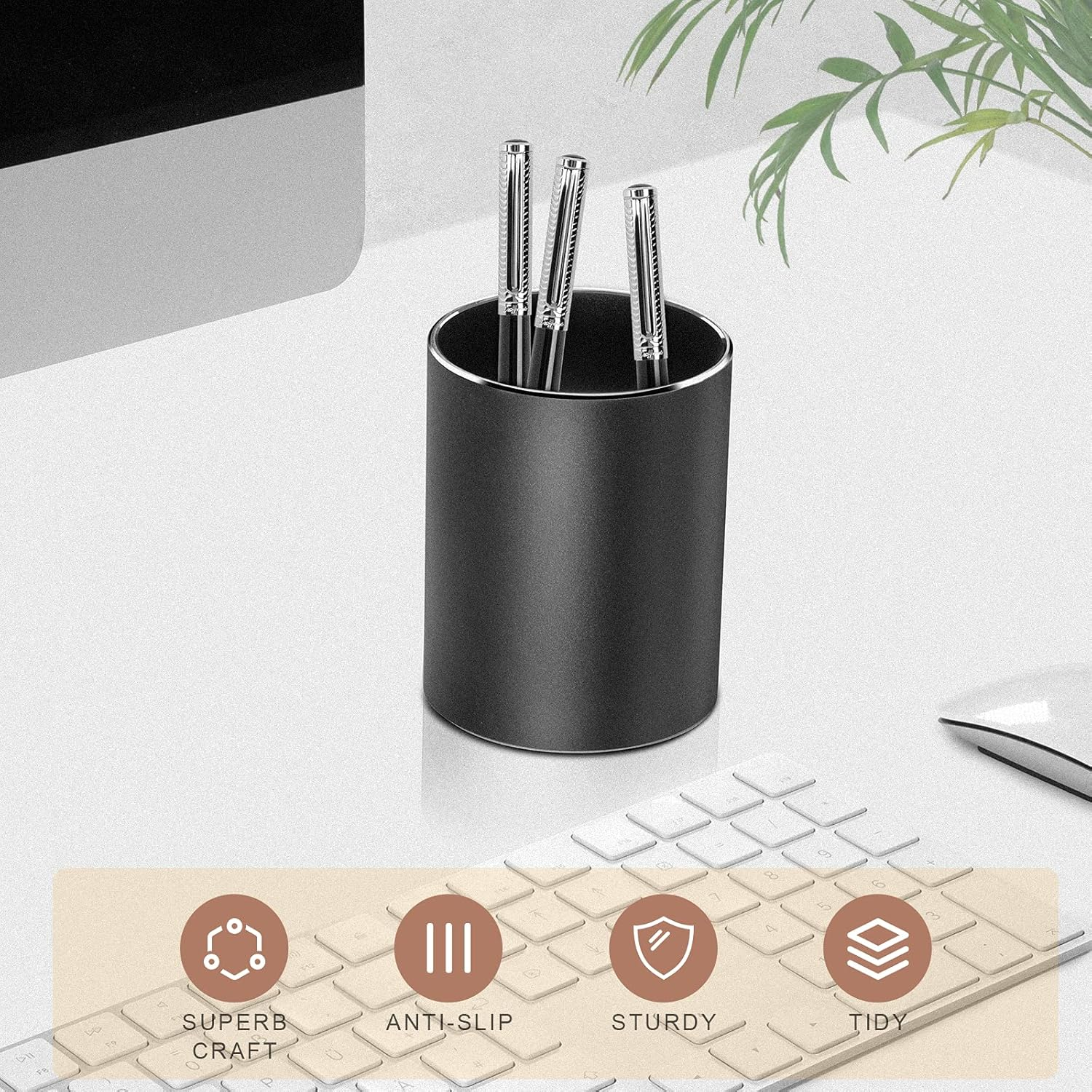 Vaydeer Metal Pen Holder Aluminum Pencil Holder for Desk, round Desktop Organizer and Black Pencil Cup for Office, School, Home and Stationary Supplies (3.15 X 3.15 X 3.94 Inches) image number 1