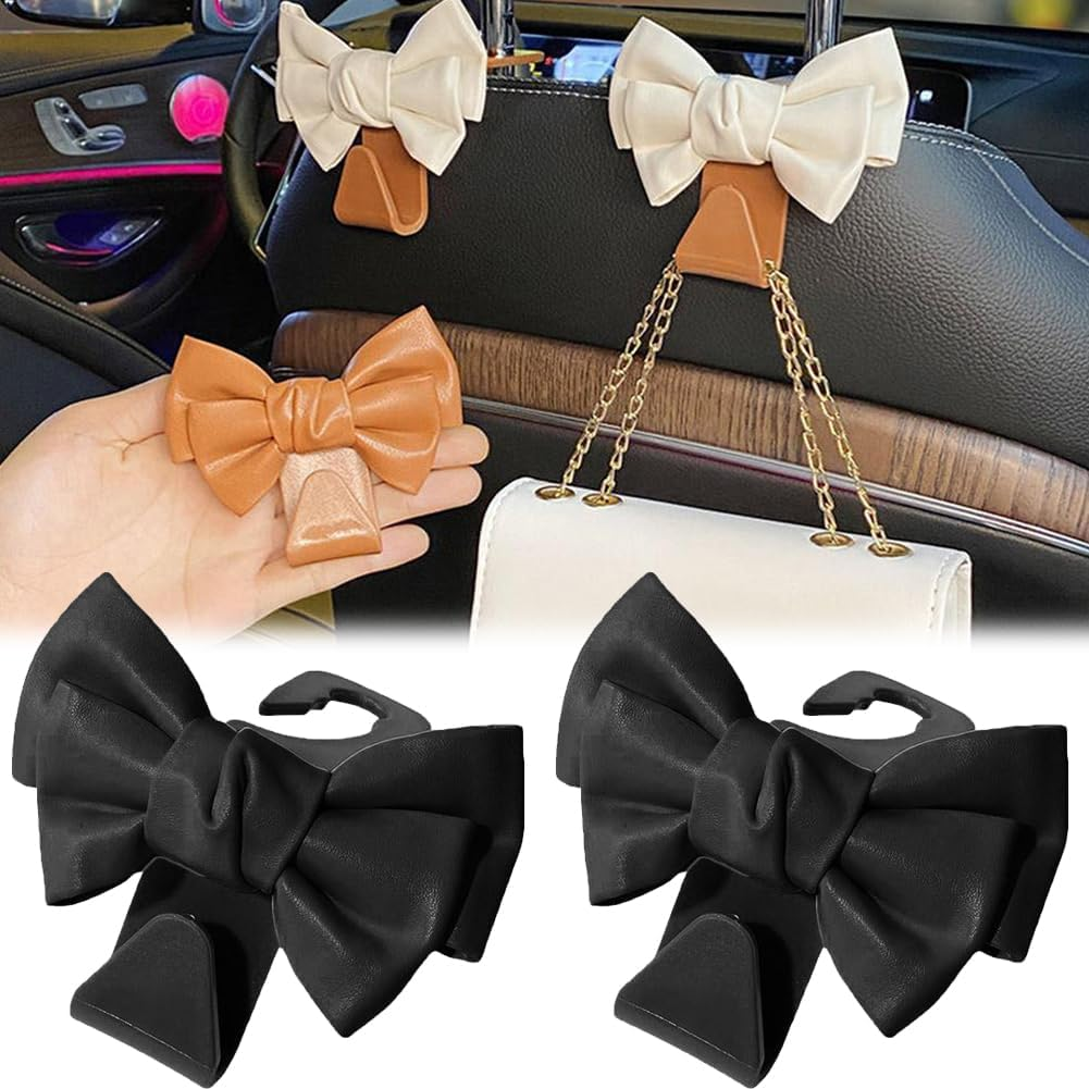 Car Hooks for Purses and Bags,Cute Bow Car Seat Headrest Hooks,Purse Holder for Car,Car Purse Hook Hanger,Cute Bow Car Accessories(Black)