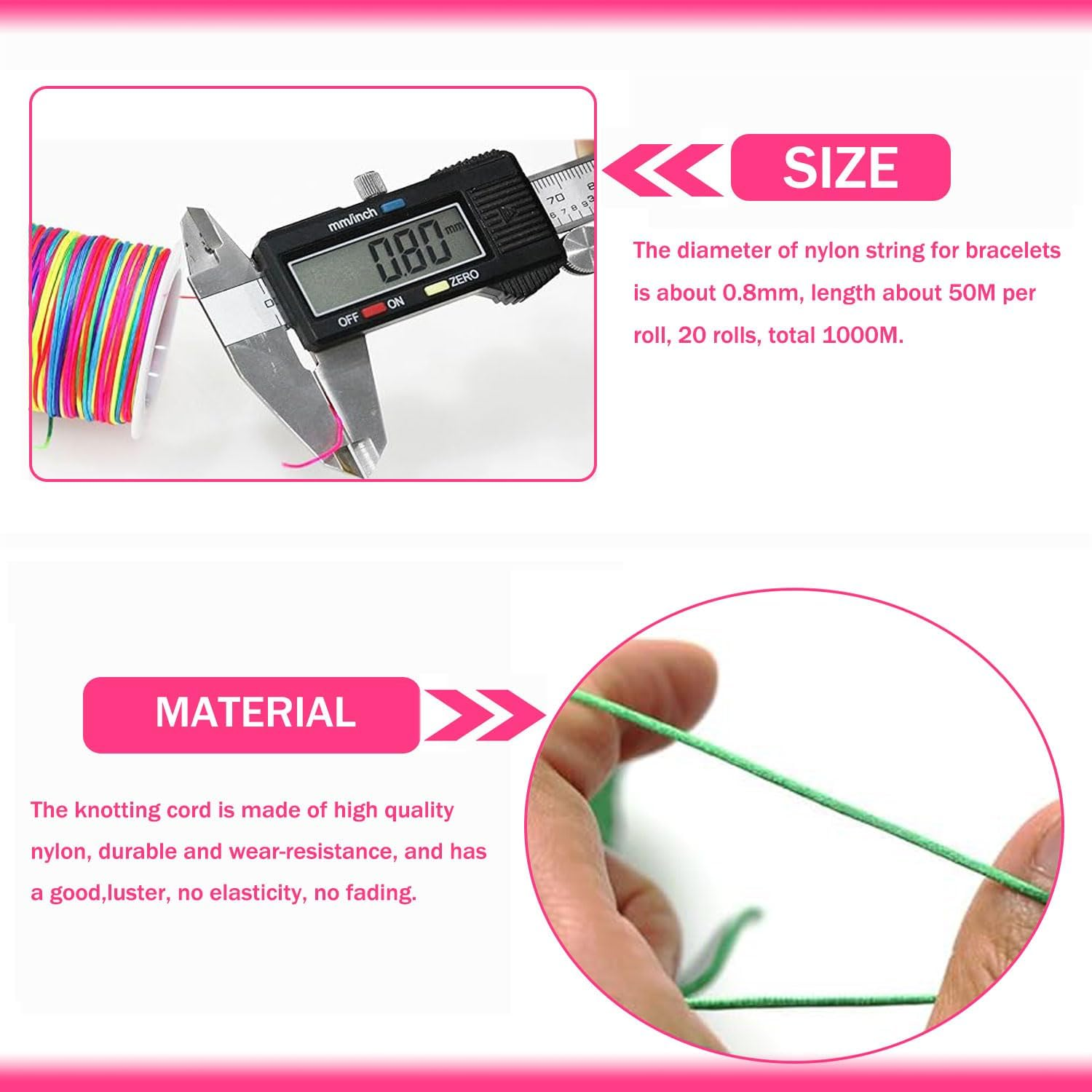 20Rolls Nylon String for Bracelets, 20Color 1000M Lanyard Beading String Thread, Silky Satin Cord, Wax String Bracelet Cord, Waxed Polyester Bracelet Rope for Kumihimo Macrame Jewelry Making image number 6