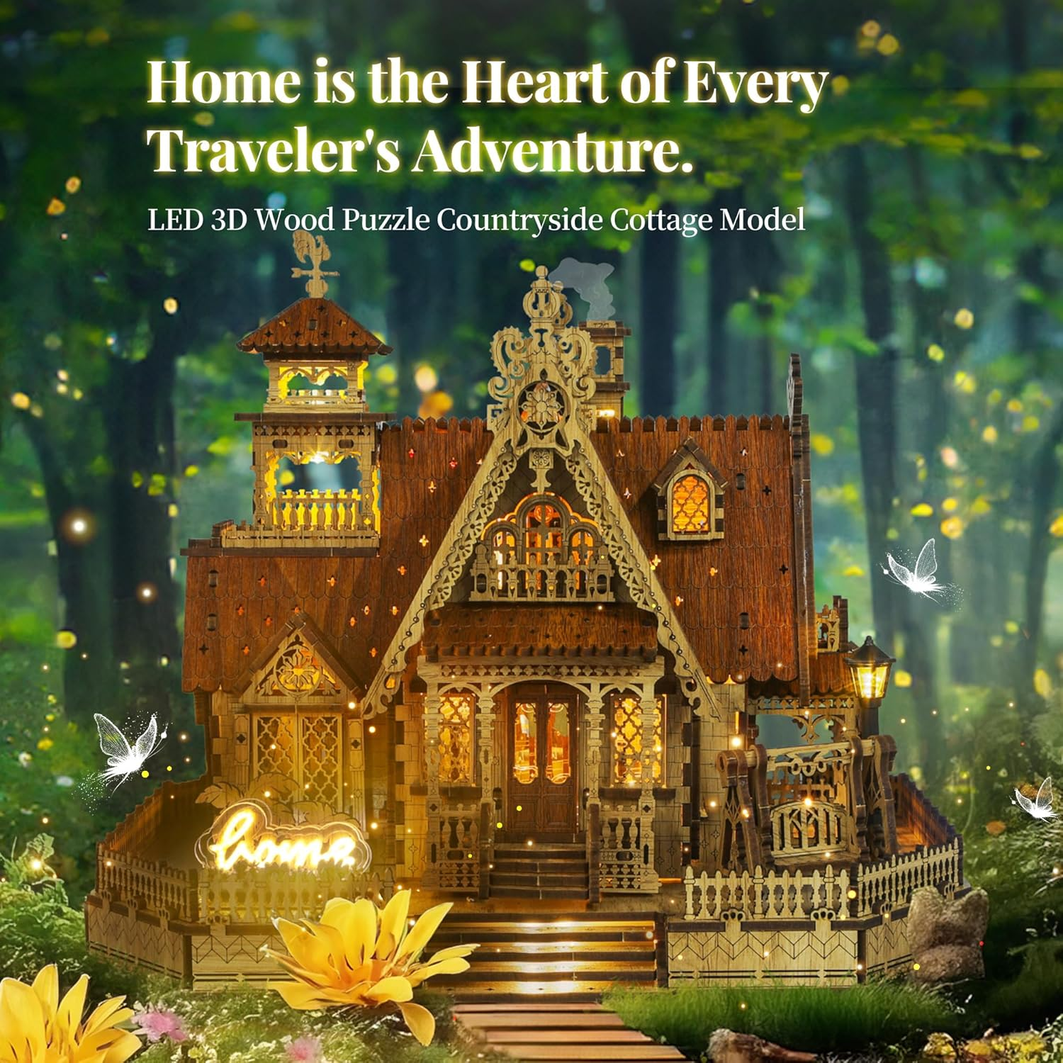 FUNPOLA LED 3D Wood Puzzle Countryside Cottage Model - DIY Miniature Building Kit with Spark LED Lights - 3D Craft Rural Architecture Home D&eacute;cor Adults image number 2