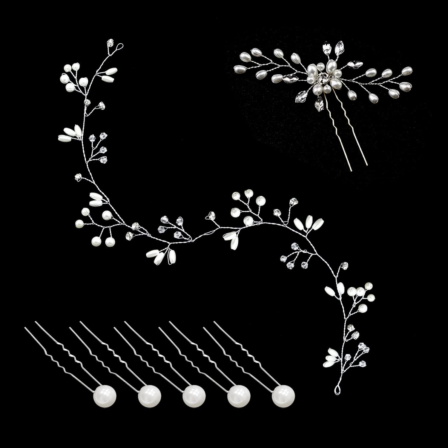 50Cm Vine Headband with 1 Piece Rhinestone Flower Hairpin and 5 Pieces U Shape Beaded Clips Vine Crystal Bridal Hair Accessories Suitable for Wedding (Silver) image number 1
