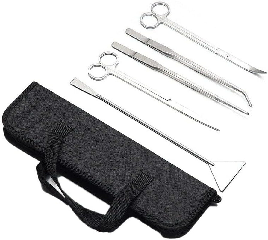 AIMALL Aquarium Aquascaping Tool Kit, 5 PCS Stainless Steel Scissors, Tweezers & Spatula Set, Rustproof Aquarium Maintenance Tools with Storage Case, Silver
