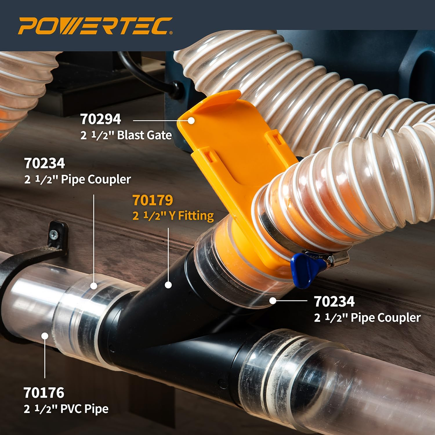 POWERTEC 2-1/2 Inch Y Fitting for 2 1/2 Inch Dust Collection Hose, 2 1/2 Inch Dust Collection Hose Connector Fittings for Dust Collection System, 1 Pack (70179) image number 1