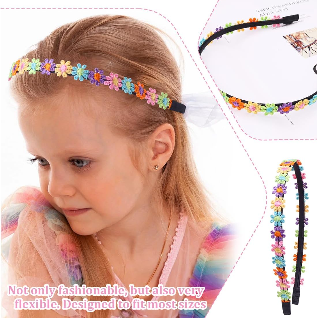 EUYKQNOI Pack of 4 Flower Headbands, Girls Headbands, Children'S Hair Bands for Girls, Colourful Daisy Headbands, Cute and Cute Decoration, Colourful Headband for School, Daywear image number 1