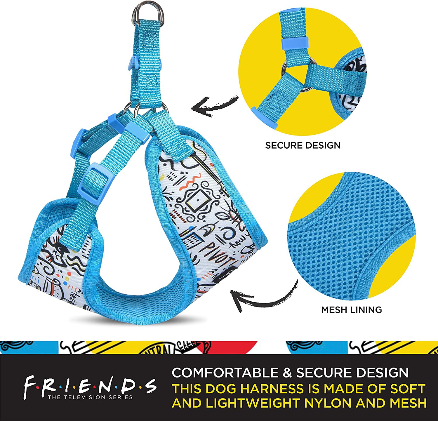 Friends TV Show City Doodle Dog Harness for Medium Dogs, Medium (M) | Blue Medium Dog Harness, No Pull Dog Harness with D-Ring | Machine Washable Friends Merch for Dogs from Friends TV Show image number 3