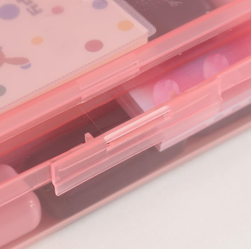 Pencil Case Box, Light Pink Double Layer Large Capacity Plastic Pencil Boxs, Clear Hard Pen Case Snap-Tight Lid,Storage Art Craft Box Marker Offices School Supplies (Pink, One Size) image number 1