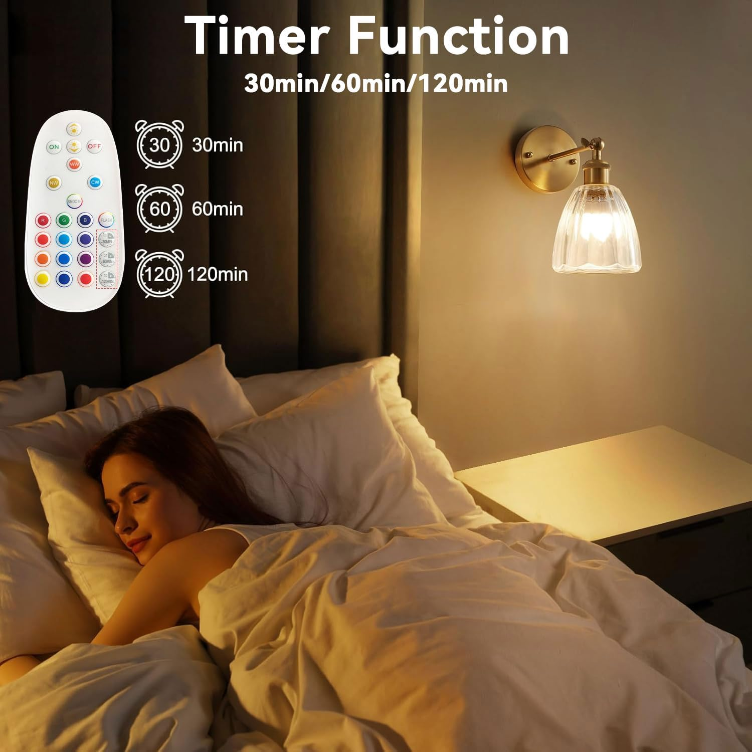 Battery Operated Wall Sconces Set of 2, Glass Lampshade Rechargeable Wall Light with Dimmable RGB Bulbs, Wireless Wall Sconces with Adjustable Lighting Angle for Bedroom, Bathroom, Hallway, Doorway image number 6