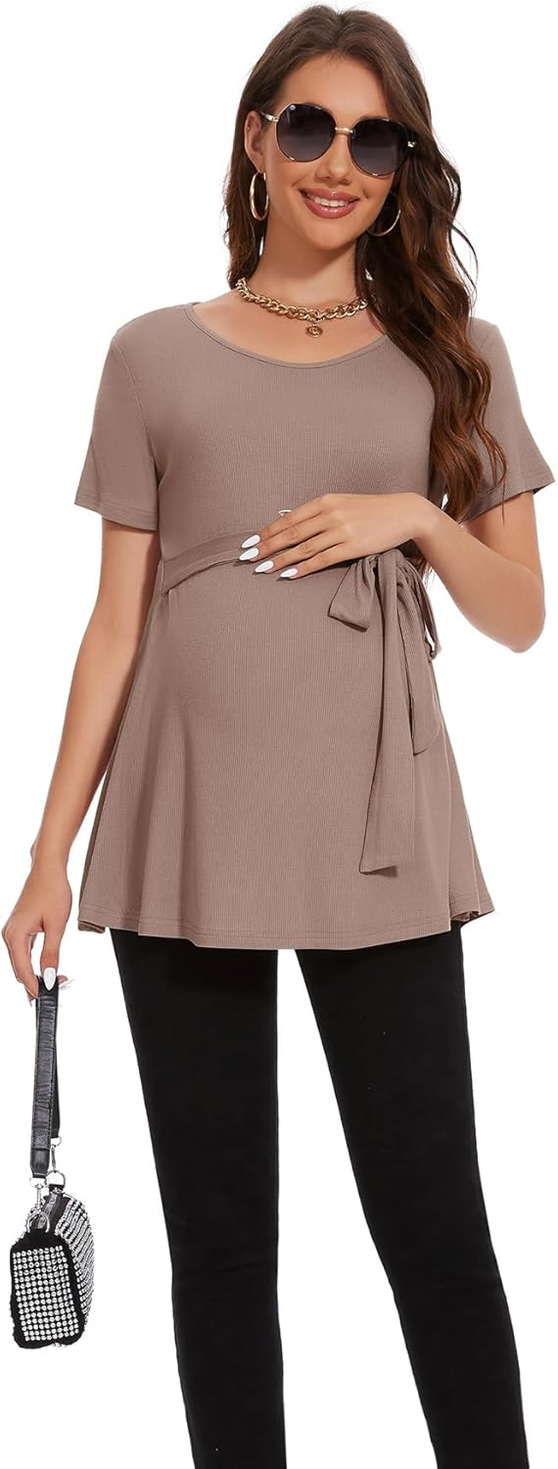 Smallshow Women'S Maternity Shirts Tie Front Short Sleeve Pregnancy Tops Clothes image number 1