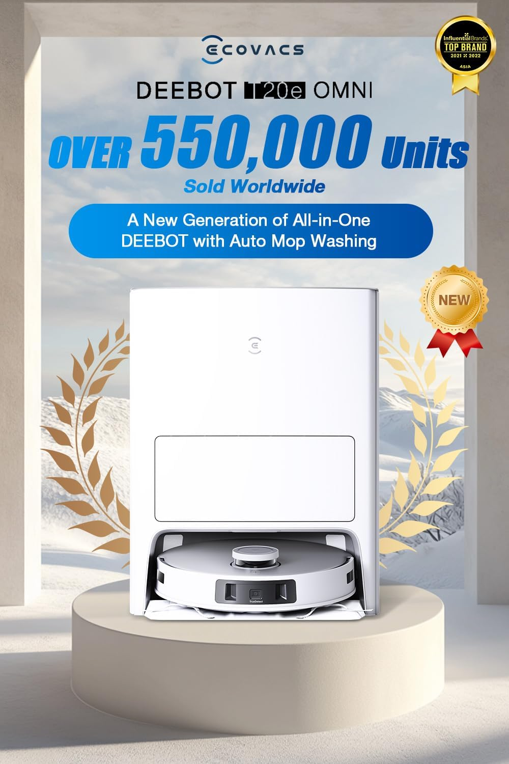 ECOVACS DEEBOT T20E Omni Robot Vacuum Cleaner 7100Pa, Auto Mop Lifting/Auto Mop Washing/Hot Air Mop Drying/Auto-Emptying, 3D Structured Light Obstacle Avoidance, Dual Mops, 3D Maps