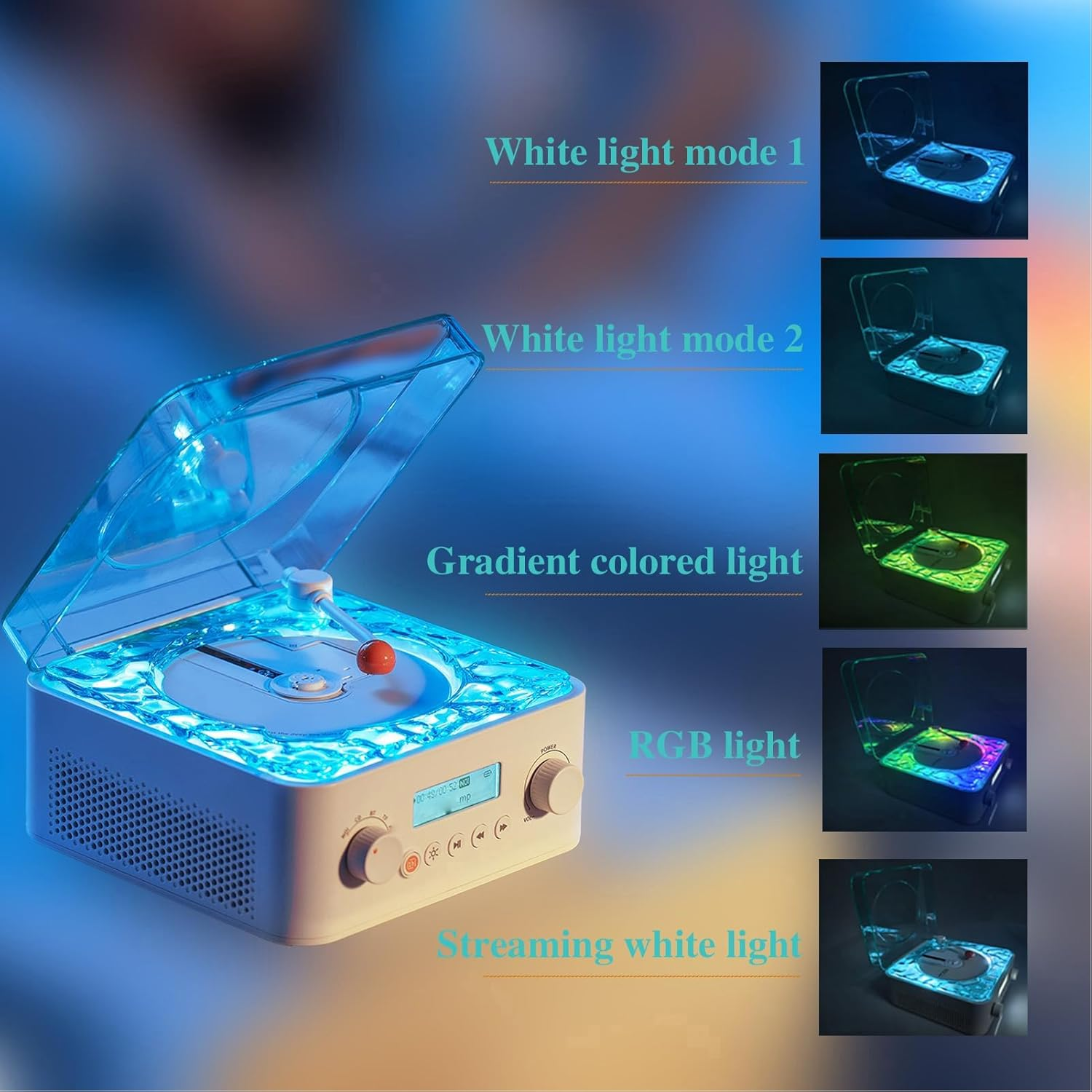 ASHATA Sea Wave CD Player, Portable Speaker Hifi Dual Channel Bass Diaphragm White Noise Retro Desktop CD Player, with RGB Lights, for Home Bedroom image number 1