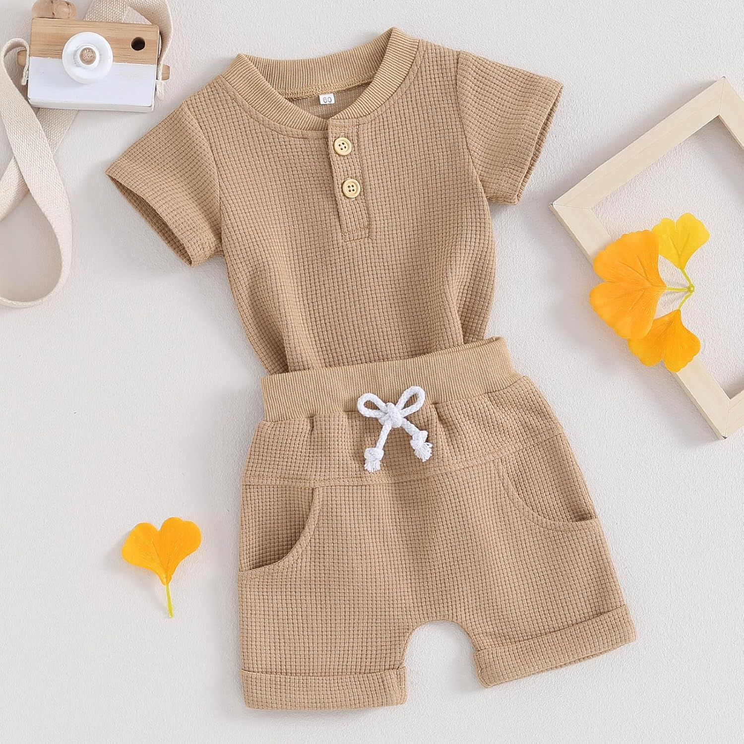 Kuriozud Newborn Baby Boy Summer Clothes Button Short Sleeve Romper Bodysuit Shorts Set Infant Soft Waffle Outfit image number 2