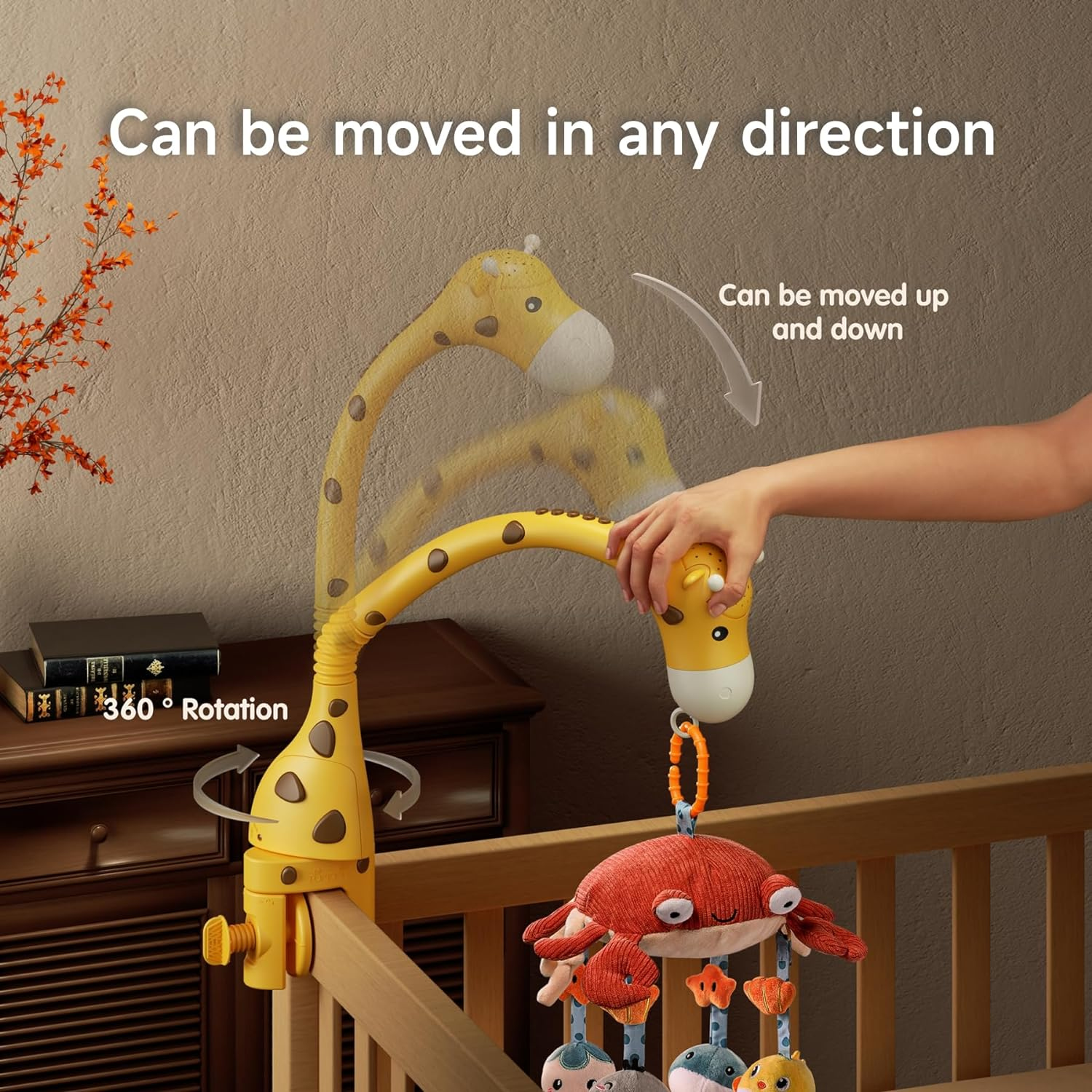 Tumama Baby 0-6 Month Cot Mobile Crib Toys Giraffe Musical Lights Remote Control with Mirror Soft Hanging Rattles Lullaby Rotating Projector Sleeping Auto Off,Mute Spin Motor Infant Newborn Gift image number 5