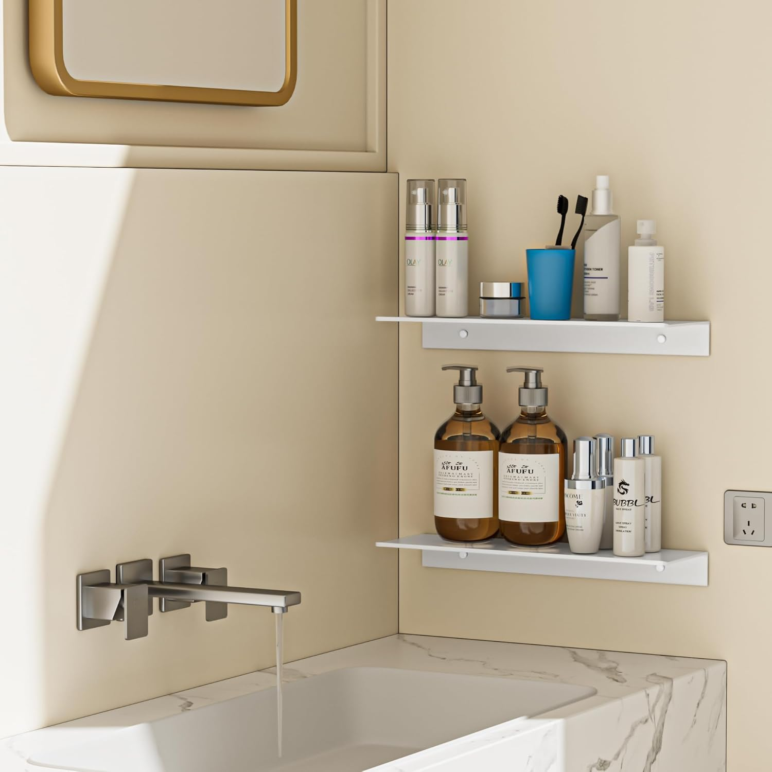 HNVNER Metal Wall Shelf, Set of 2, 40 Cm, White Floating Shelf, No Drilling, Aluminium Shower Shelf, Rustproof & Stick-On Assembly, for Wall Decoration and Storage in the Living Room, Bedroom image number 6