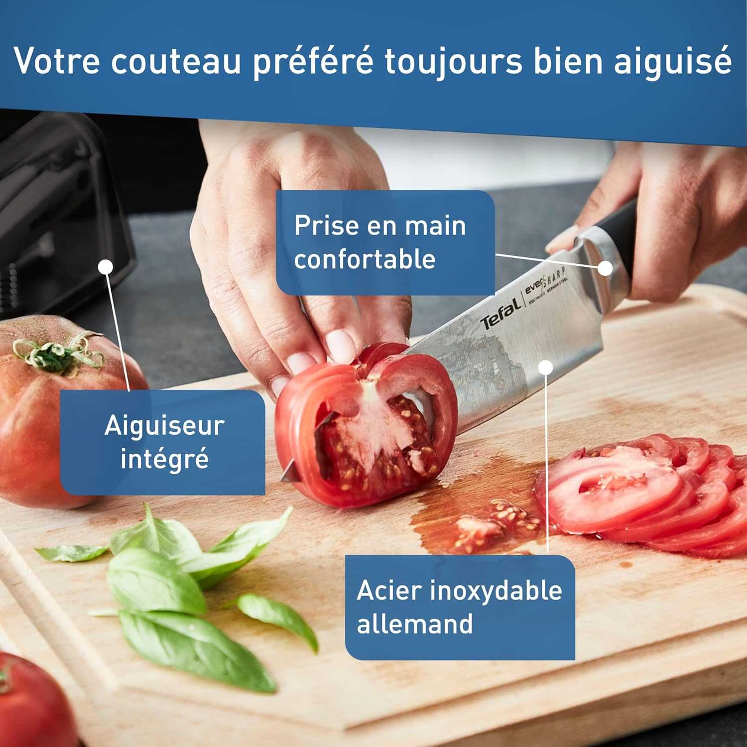 Tefal Chef Knife 16.5 Cm, Built-In Sharpener, Safe Technology, German Stainless Steel, Versatile Kitchen Knife, Ever Sharp Black Edition K2579104 image number 6