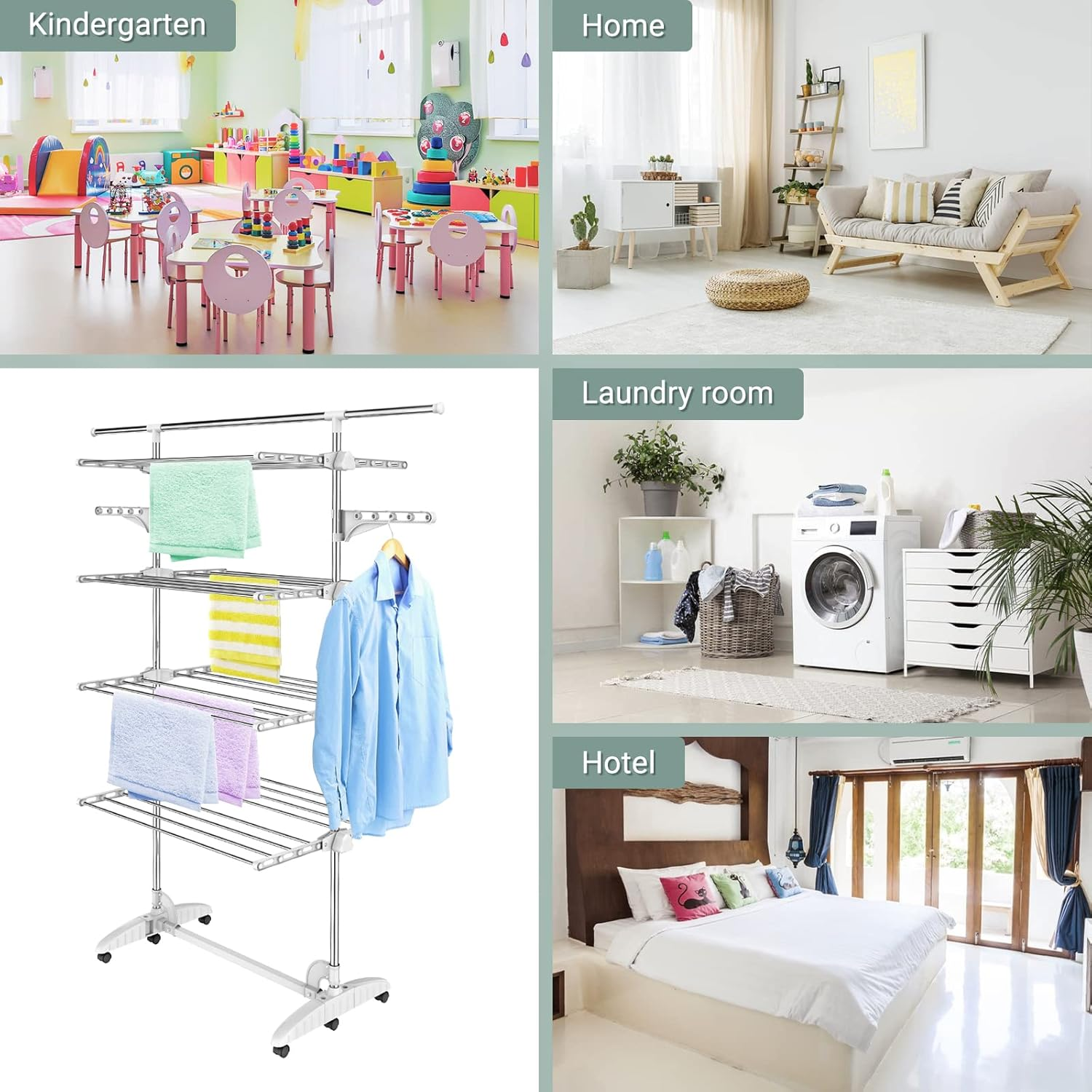 Todeco Clothes Drying Rack,4 Tier Foldable Laundry Drying Rack with Extended Top Bar,High Load Capacity Stainless Steel Space-Saving Clothes Airer with 2 Extra Adjustable Dry Rail Hanger,W/6 Casters image number 4