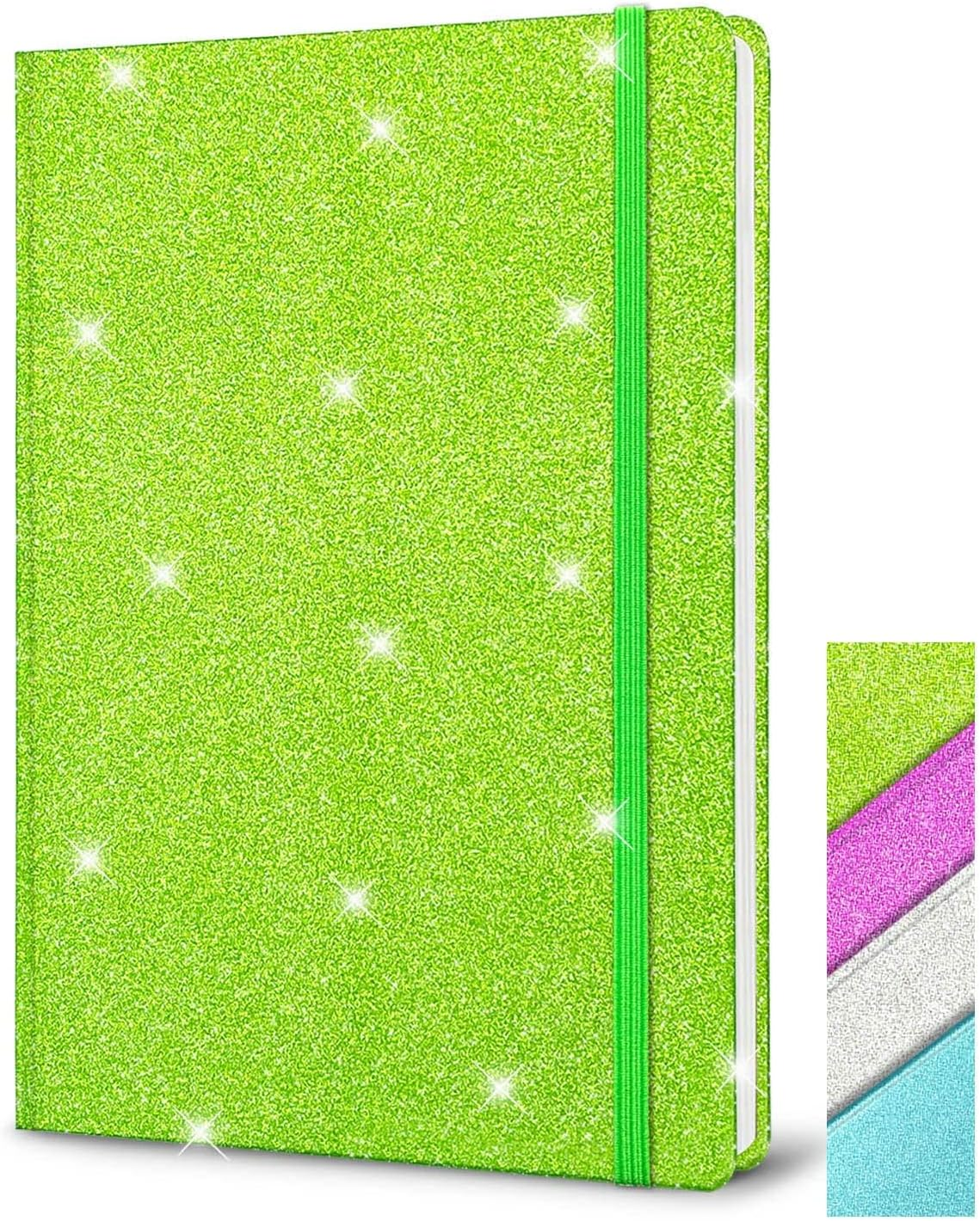 Green Glitter A5 Notebook, 8.3X5.7 Inches 160 Lined Pages Glitter Never Peel off Sparkle Writing Journal for Girls Ruled Hardcover Notebook for Teen Women Work Office Gifts