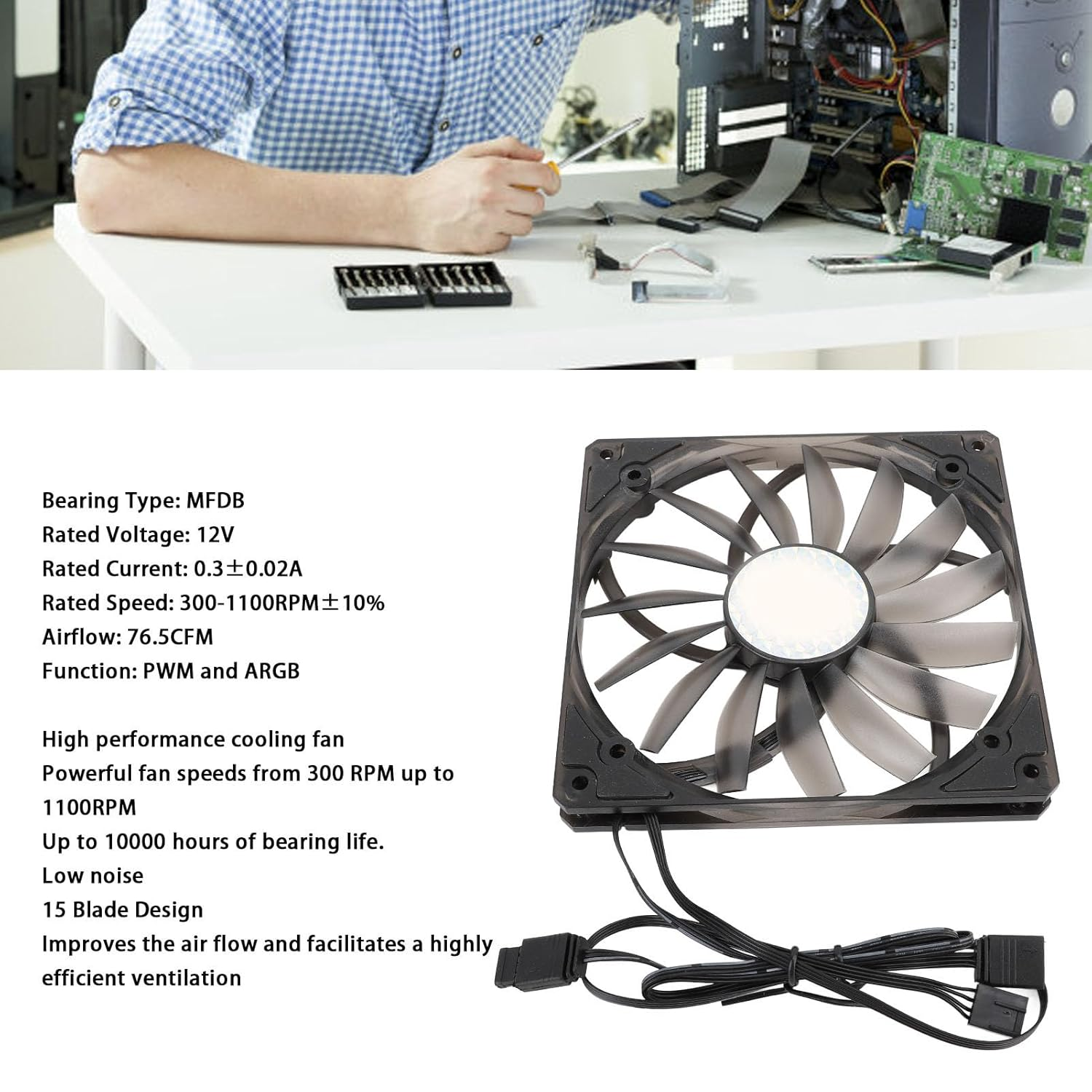 PWM ARGB Fan 15Mm Thin, 300‑1100RPM Smart PWM Control, Silent 15 Blade Design, Easy Install, for Computer Case &, Plug and Play (Black) - Black image number 5
