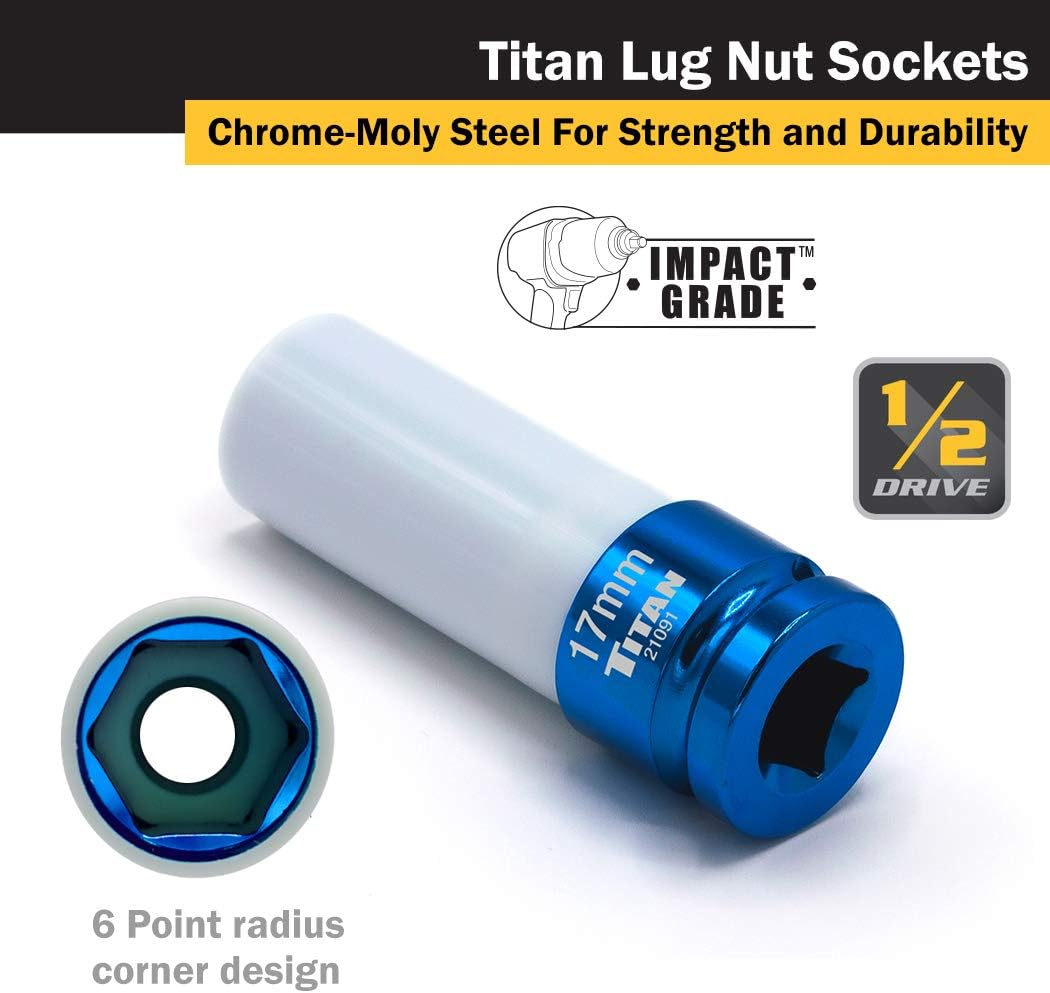 Titan 21183 3-Piece 1/2-Inch Drive Non-Marring Impact Deep Lug Nut Socket Set, Includes 17Mm, 19Mm, and 21Mm image number 4