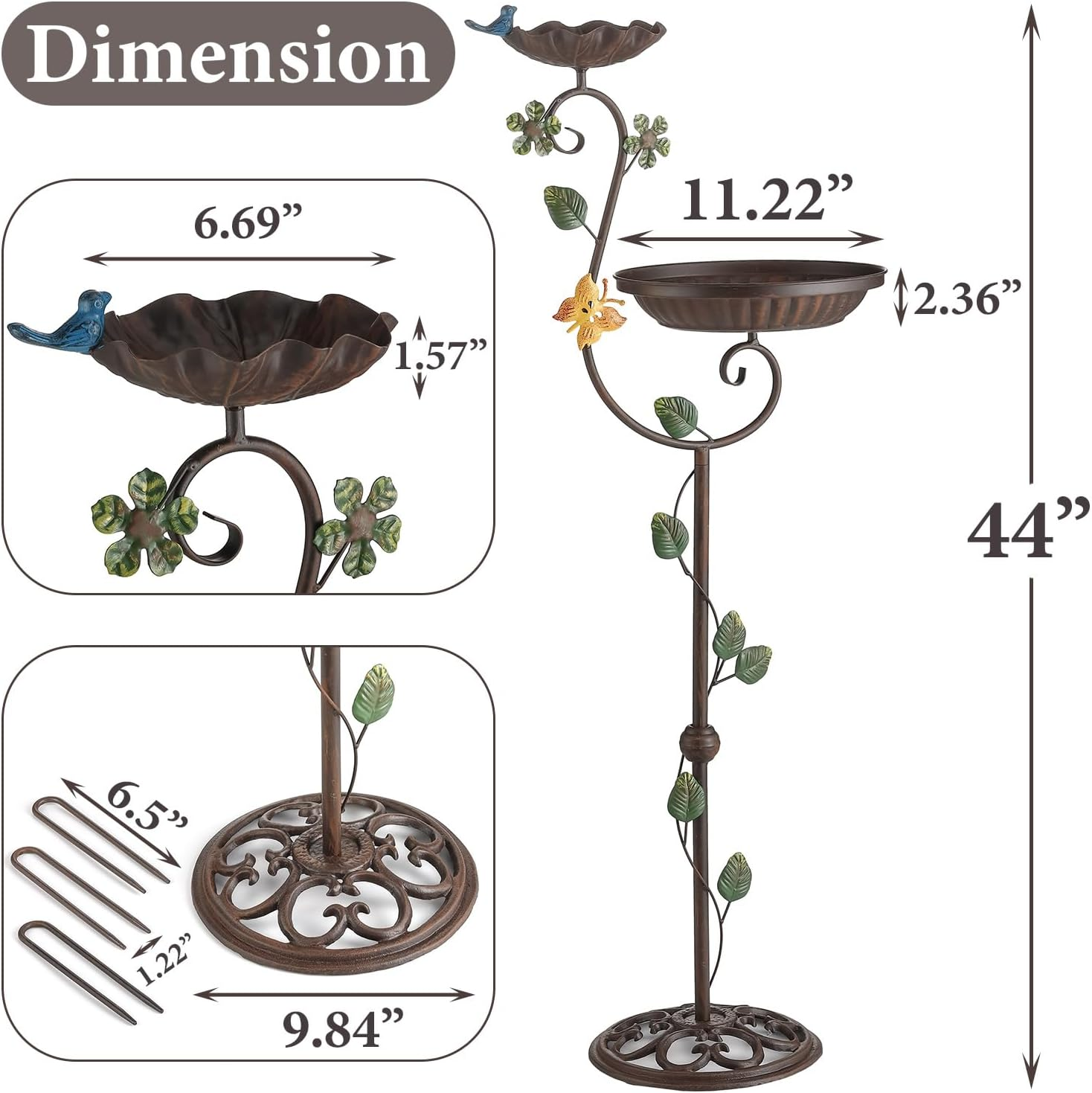 Metal Bird Baths for Outdoors, 44" Height Cast Iron Pedestal Bird Bath and Feeder, Vintage Sturdy Heavy Duty Birdbath Bowl, Tall Floral Accents Birdbaths for Garden Yard Patio Porch Decor image number 4