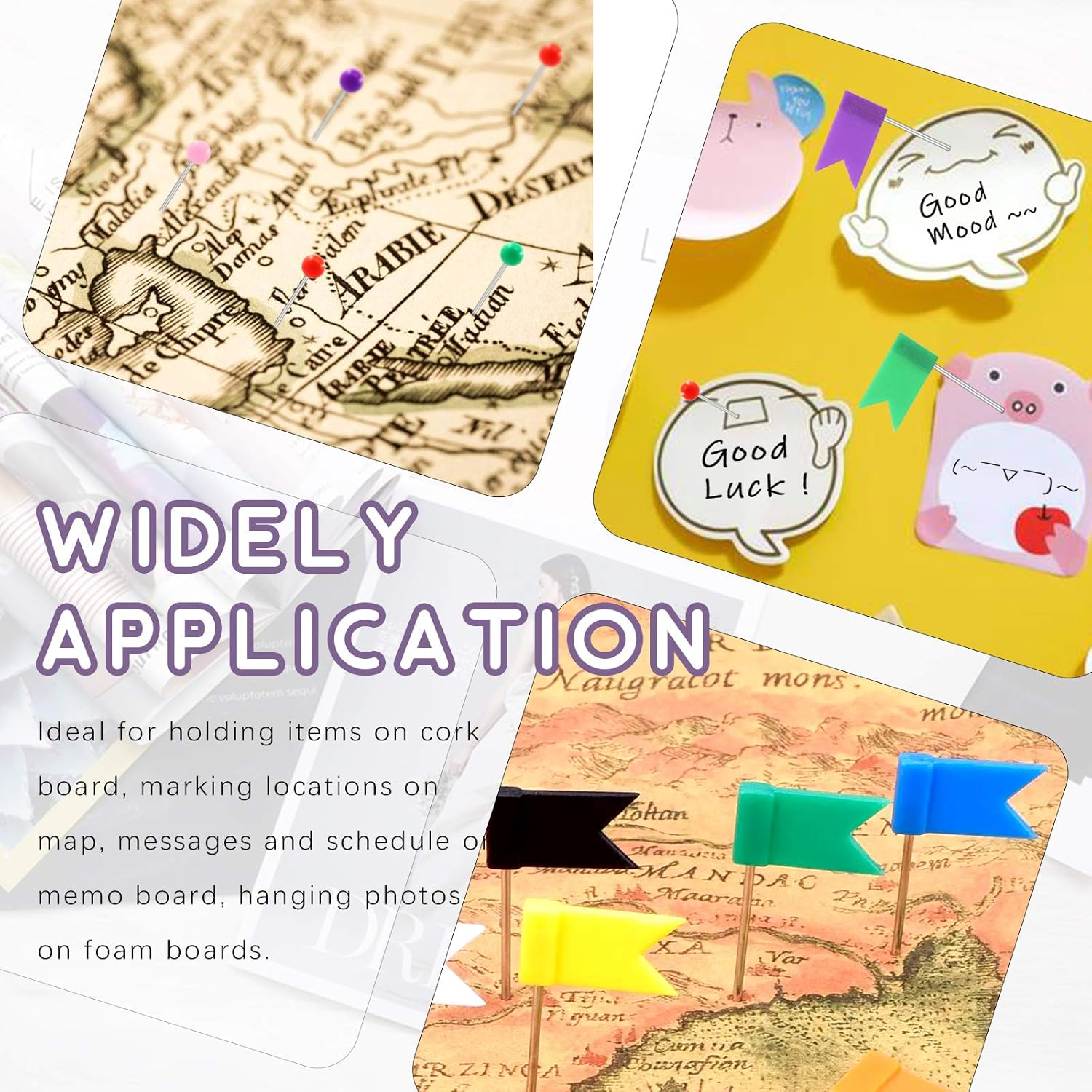 Swpeet 305Pcs 2 Types Colorful Push Pins Tacks with Steel Point Assortment Kit, 1/8 Inch Ball round Head and 7/10 Inch Map Flag Tacks Plastic Marking Pins for Bulletin Board, Fabric Marking