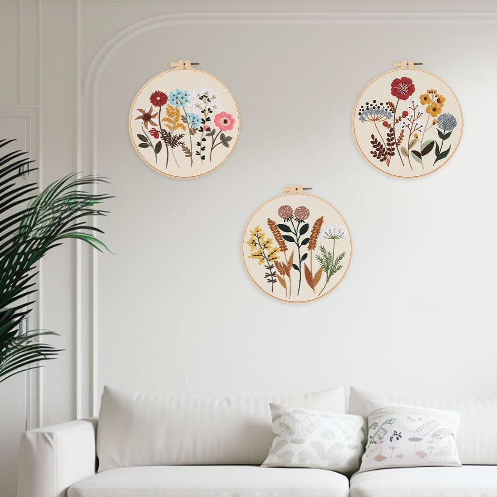 Offizon 3 PCS Embroidery Kit for Beginners - Floral Embroidery Accessories & Hoop Included, Hand Embroidery Kit for Adults Stitching Sewing Kit Gift | Flowera Patterns image number 4