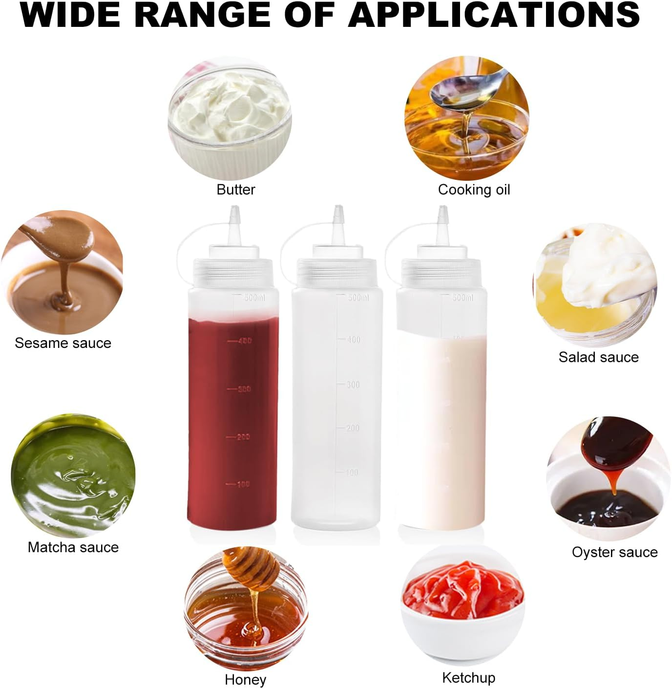 Condiment Squeeze Bottles, 16Oz/470Ml Durable Sauce Bottles with Twist on Caps and Measurement, Plastic Squeeze Squirt Bottle for BBQ, Ketchup, Grilling, Salad, Dressing(Pack of 8)