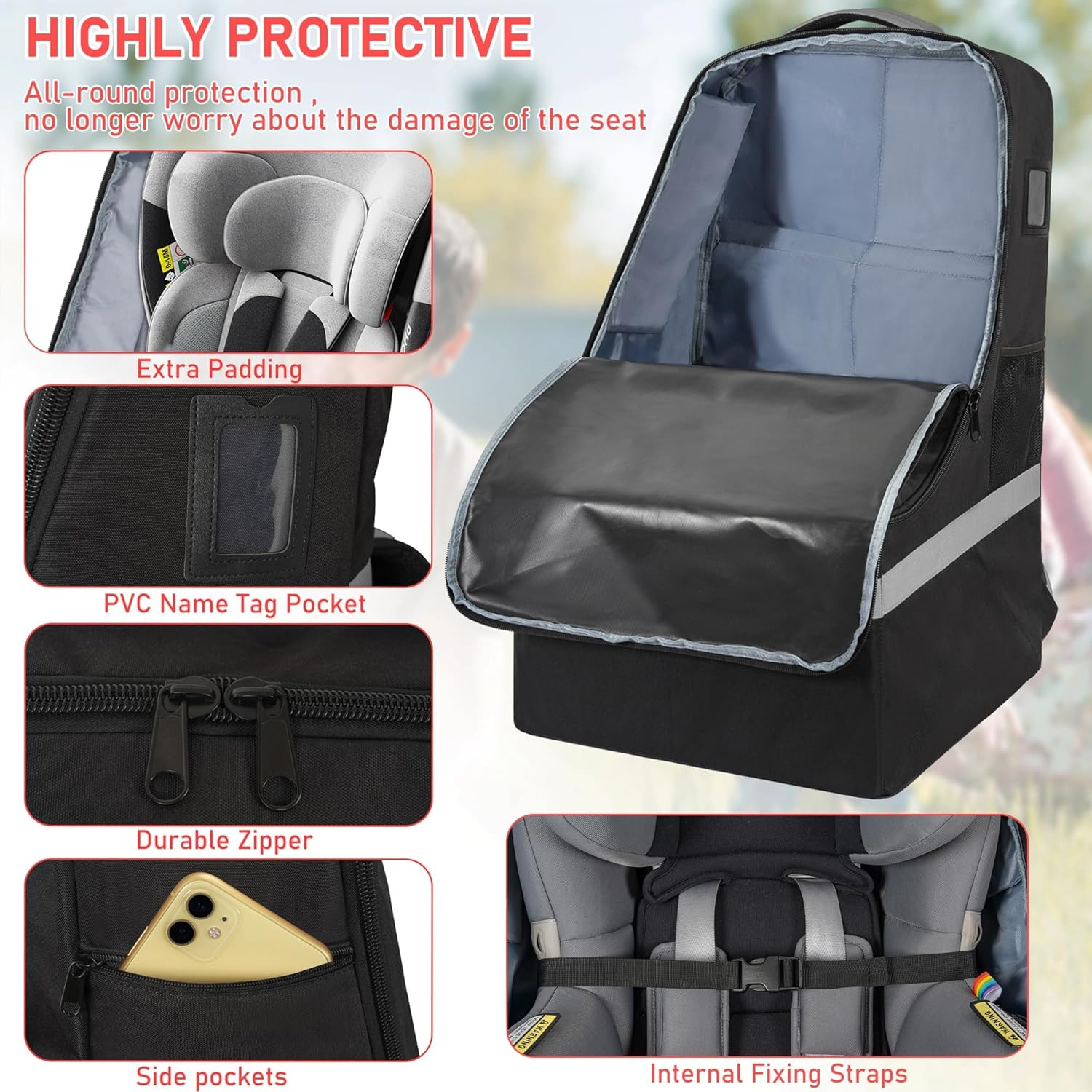 Bestbless Car Seat Travel Bag Heavy Duty Car Seat Bag for Airplane Gate Check Car Seat Backpack with Shoulder Strap, Portable Pram Bag for Airplane, Car Seat Travel Bag image number 2